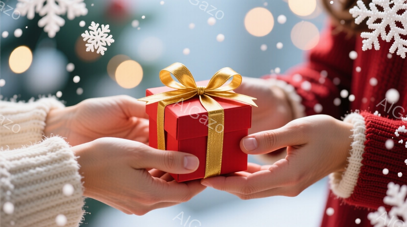 赤いギフトボックスが、ニットの袖を持つ二人の手の間で渡されている様子が捉えられている。背景はぼやけており、ホリデーシーズンのような暖かく柔らかな光が灯っている。この写真は、プレゼント交換の温かい瞬間や - AI生成フリー素材
