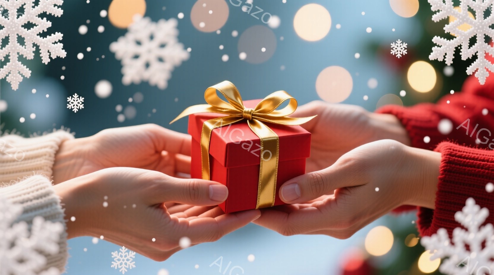 赤いギフトボックスが、ニットの袖を持つ二人の手の間で渡されています。背景はぼやけたクリスマスツリーの緑と、暖かい光のぼかしで、雪が舞っているような幻想的な雰囲気です。贈る人と受け取る人の温かい感情と、クリスマスの喜びが感じられます。