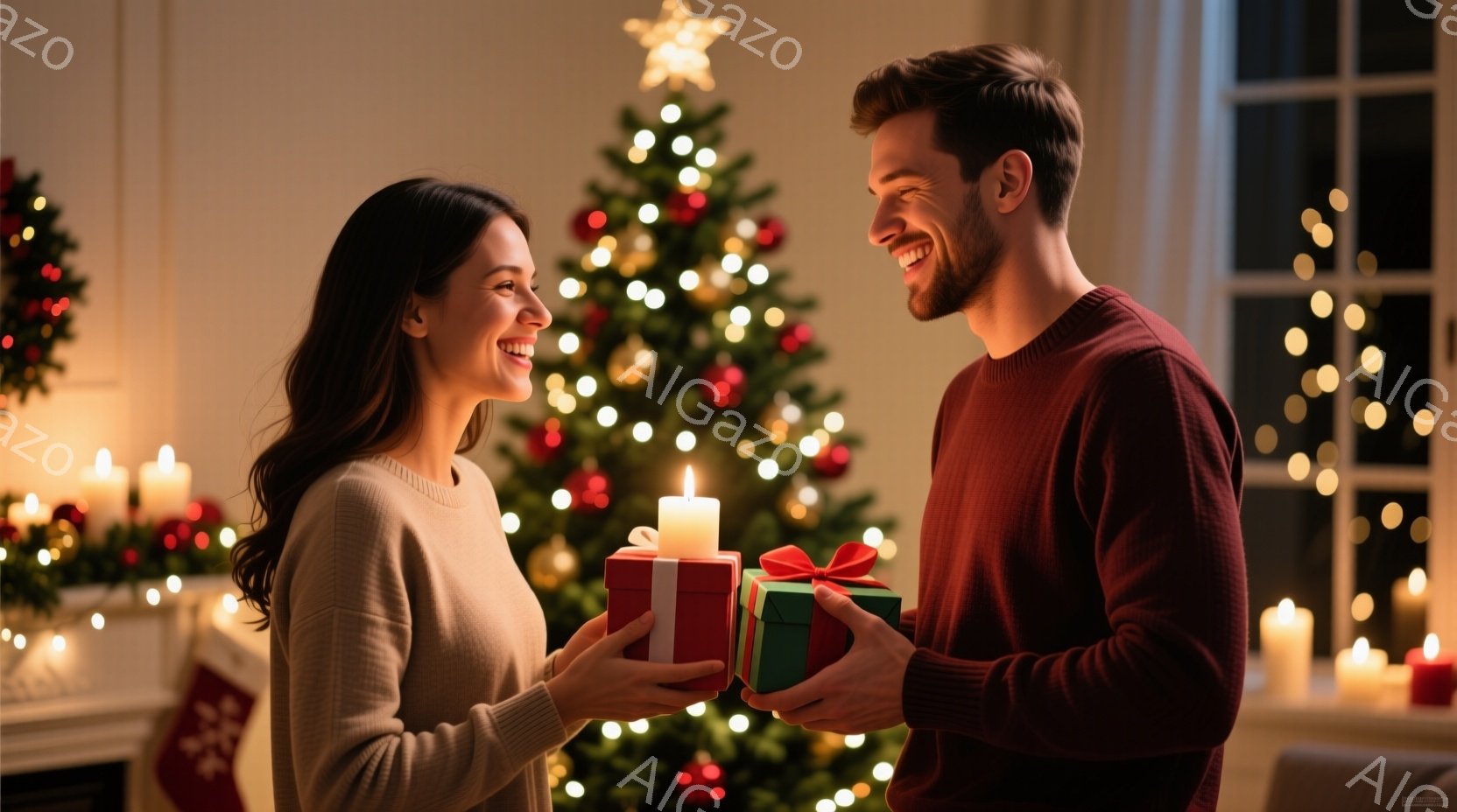 暖炉の前に立つ若いカップルが、プレゼントを交換し合っています。女性はベージュのセーターを着ており、長い茶色の髪は肩にかかっています。男性は赤茶色のセーターを着ており、満面の笑みを浮かべて女性に緑色の箱 - AI生成フリー素材