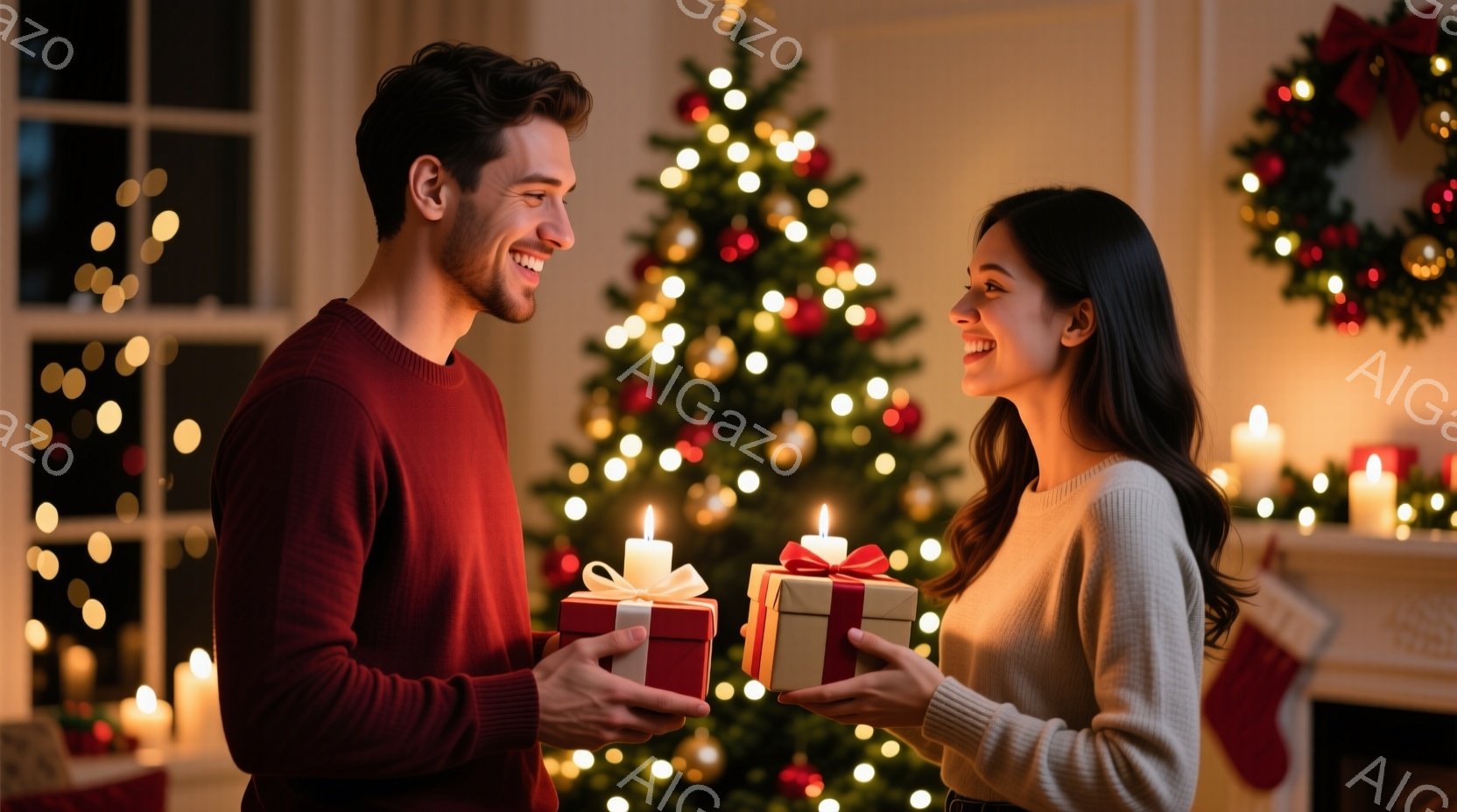 暖炉とクリスマスツリーを背景に、男女がプレゼントを交換している様子が描かれています。男性は赤いセーターを着ており、女性はベージュのセーターを着て、笑顔でプレゼントを受け取っています。背景には光り輝くク - AI生成フリー素材