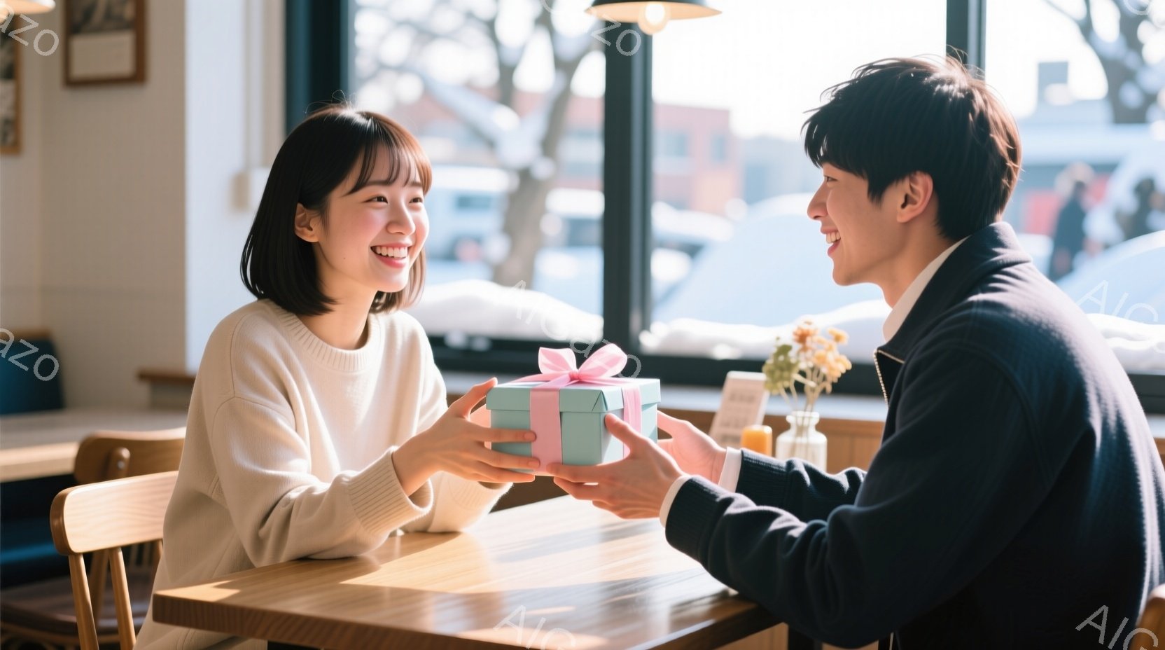 若い女性が、明るい笑顔でプレゼントを受け取ろうとしています。彼女は白いセーターを着ており、肩までの長さの茶髪をしています。男性は紺色のジャケットを着ており、女性に向かってプレゼントを差し出しています。 - AI生成フリー素材