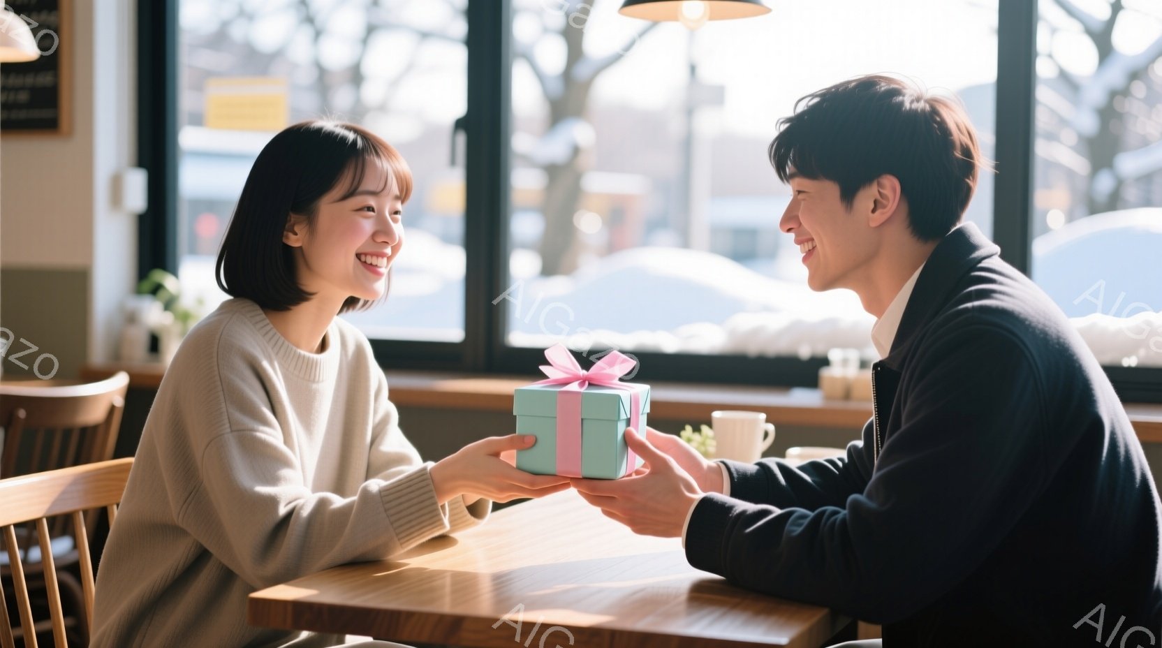 若い女性が、薄緑色のリボンで結ばれた小さなギフトボックスを笑顔で受け取っています。彼女はゆったりとしたセーターを着ており、ショートヘアで、幸せそうな表情をしています。背景には、雪景色が見える窓があり、 - AI生成フリー素材