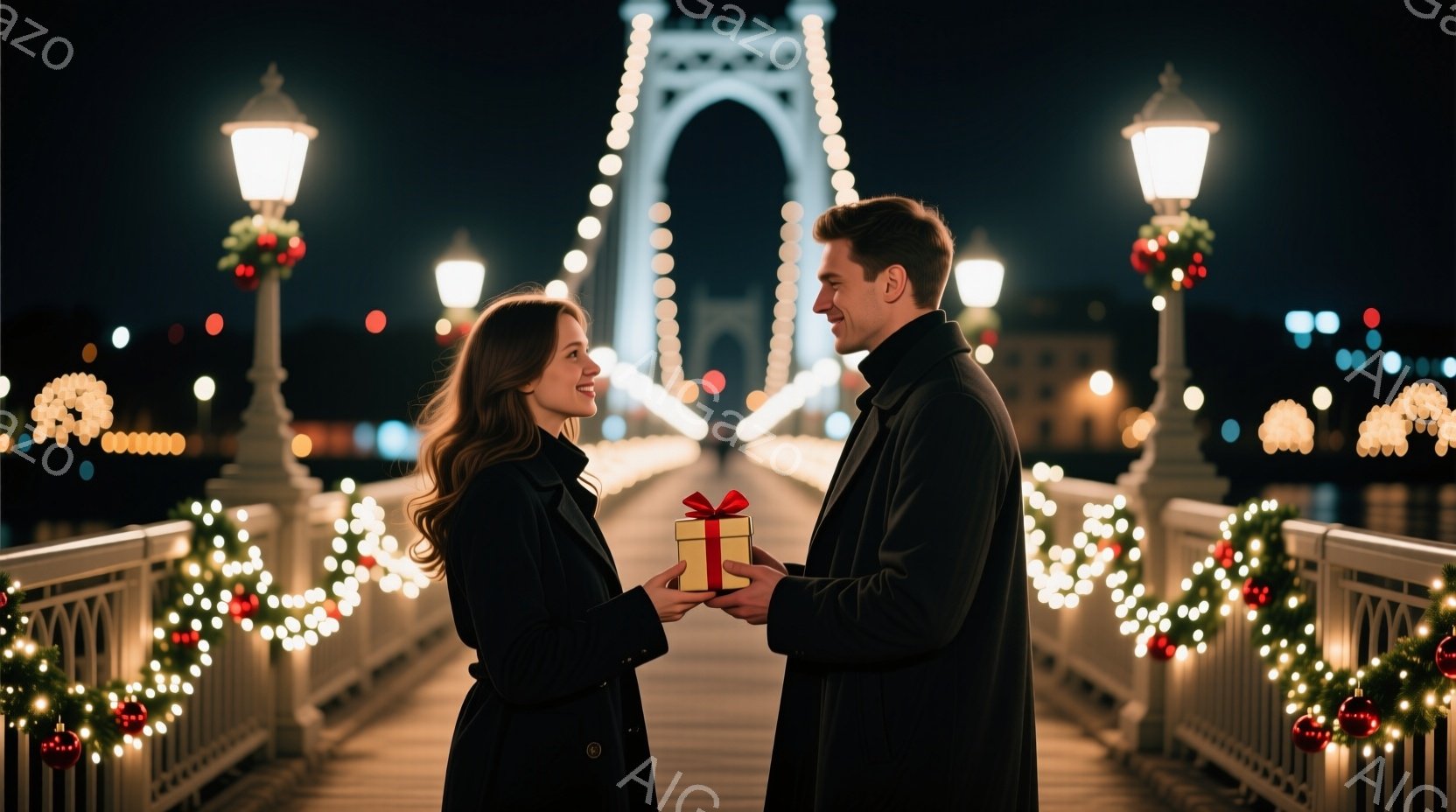 長い髪をなびかせた女性と、プレゼントを差し出す男性が、イルミネーションで飾られた橋の上で向き合っています。女性は黒いコートを着て微笑んでおり、男性はスーツ姿で真剣な眼差しで女性を見つめています。背景には夜空と水面、そしてきらめくイルミネーションが広がり、ロマンチックで温かい雰囲気を醸し出しています。