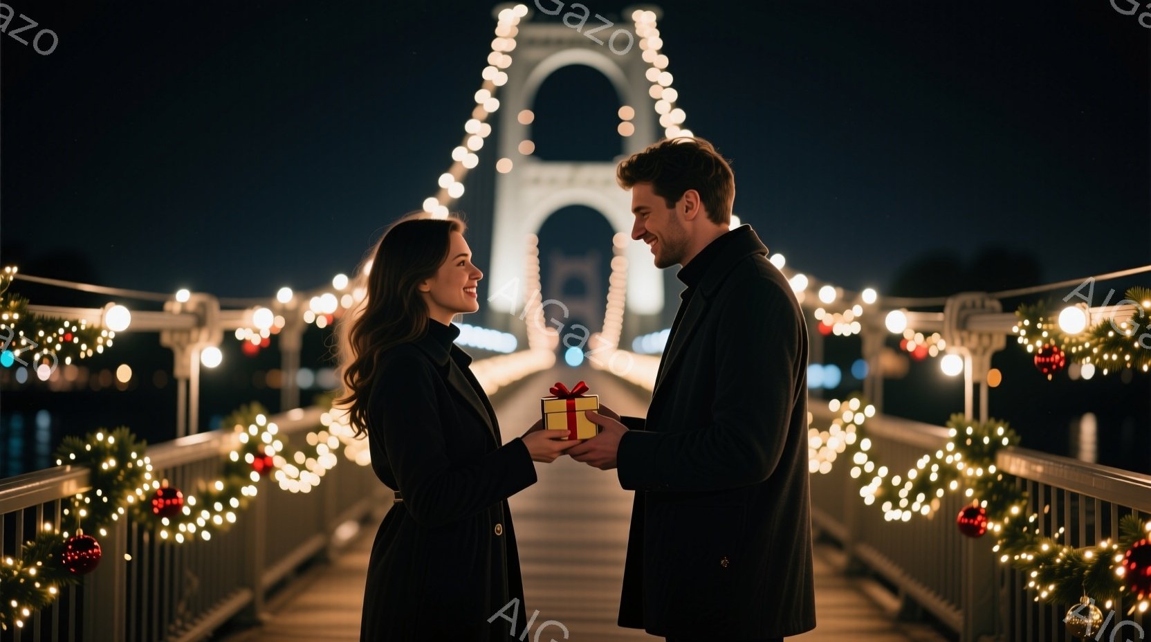 長い黒いコートを着た若い女性と男性が、装飾された橋の上で向かい合っています。男性は女性に小さなギフトボックスを手渡しており、女性は微笑みながらそれを受け取ろうとしています。背景にはクリスマスツリーのガ - AI生成フリー素材
