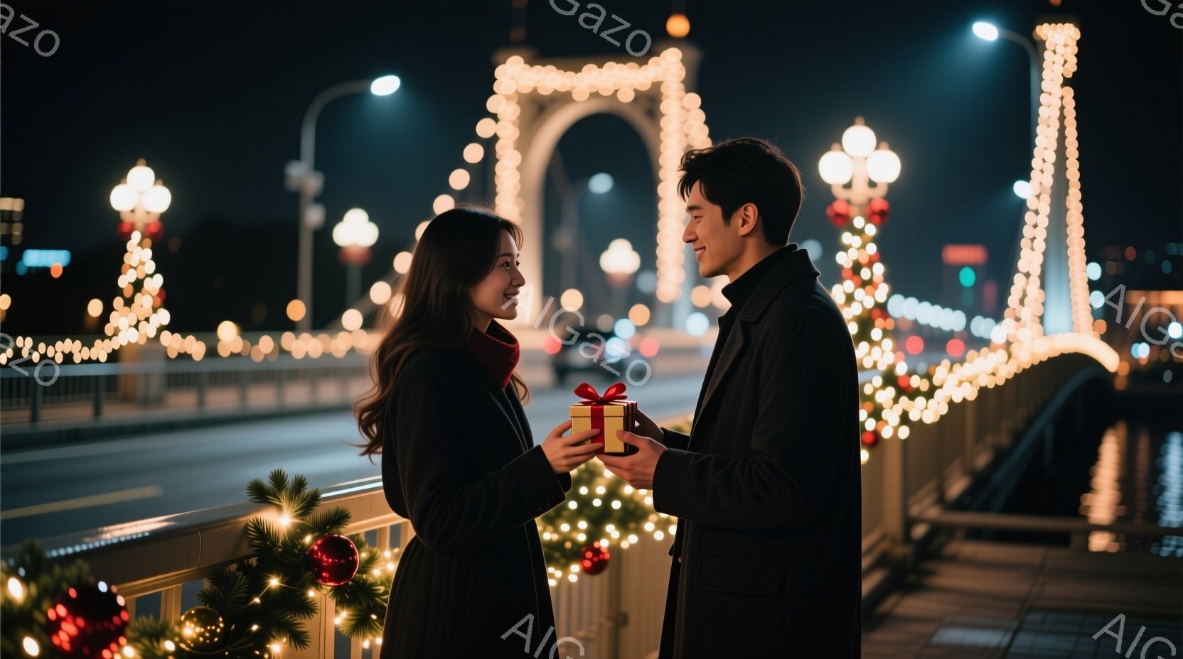 長い黒髪の女性が赤いスカーフを巻き、黒いコートを着ています。男性は黒いコートを着ており、女性に赤いリボンで結ばれた小さなプレゼントの箱を差し出しています。背景には、クリスマスイルミネーションで飾られた - AI生成フリー素材