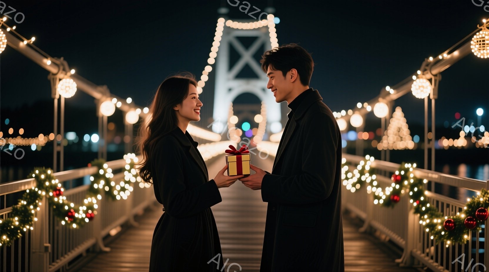 長い黒いコートを着た女性と男性が、ライトアップされた橋の上で向き合っています。男性は女性に小さな赤いリボンが付いたギフトボックスを手渡しており、二人は微笑み合っています。背景には、イルミネーションで飾 - AI生成フリー素材