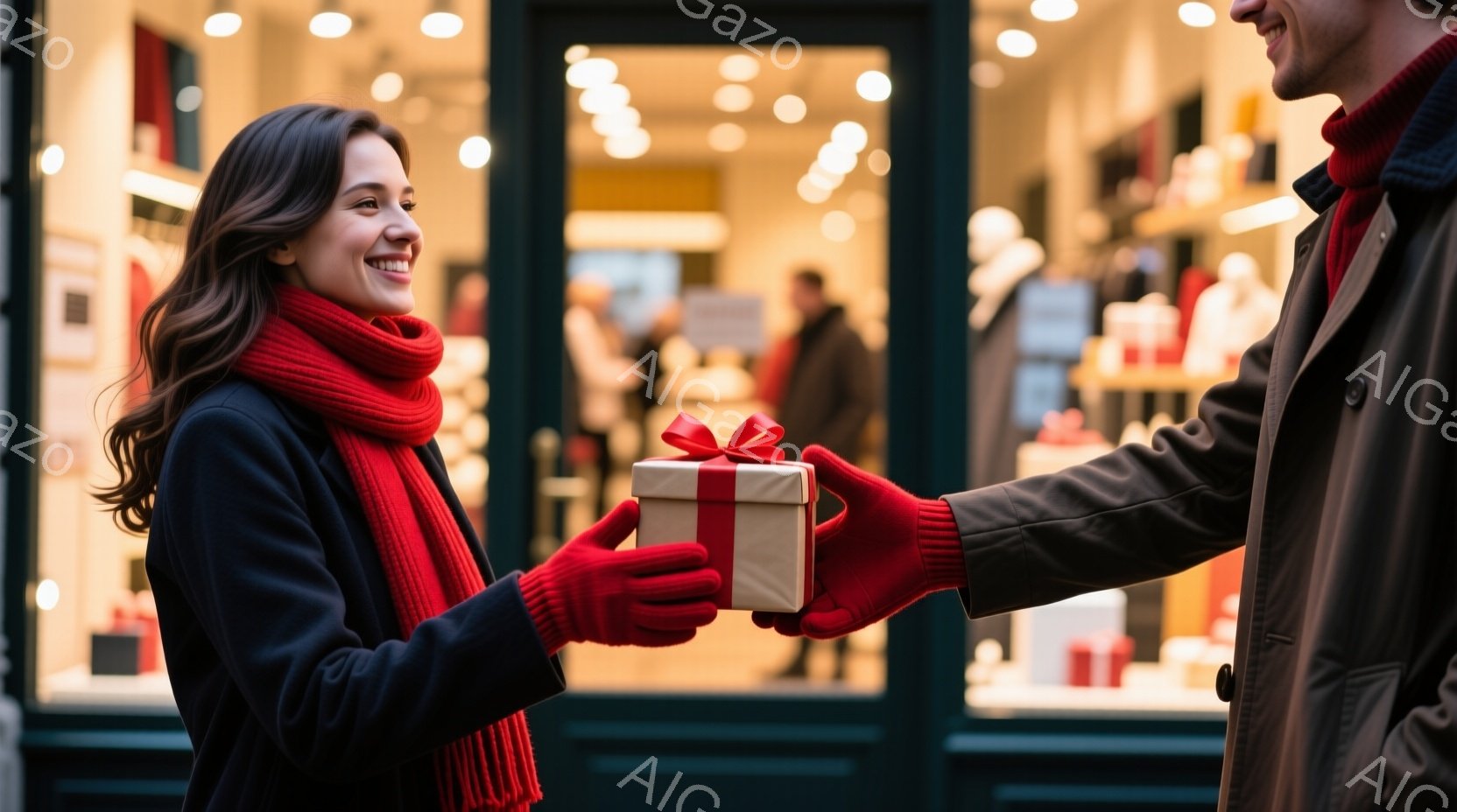 赤いマフラーを巻いた女性が、ラッピングされた小さなプレゼントを赤い手袋をはめた男性に手渡そうとしています。女性は微笑んでおり、男性はプレゼントを受け取る姿勢です。背景には、ショーウィンドウとぼやけた人影が見え、暖かく、親密な雰囲気を感じさせます。