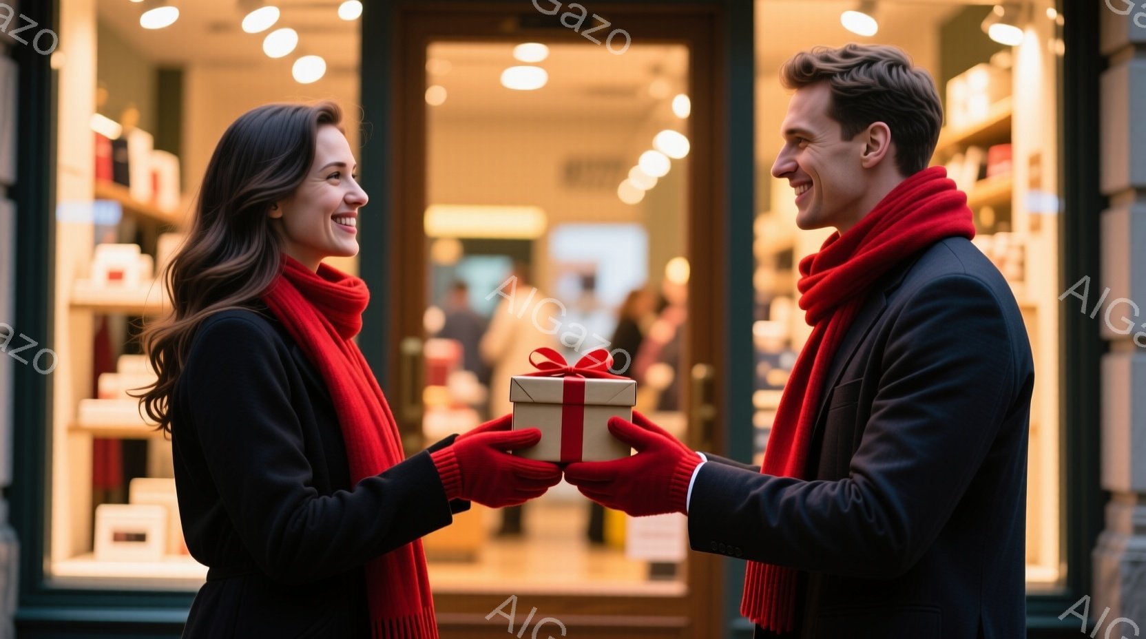 長い茶色の髪を優雅に後ろに流した女性と、短く整えられた髪の男性が、街頭でプレゼントを交換しています。二人は黒いコートに赤いスカーフを巻き、笑顔でプレゼントを受け渡しており、背景にはショーウィンドウとぼ - AI生成フリー素材