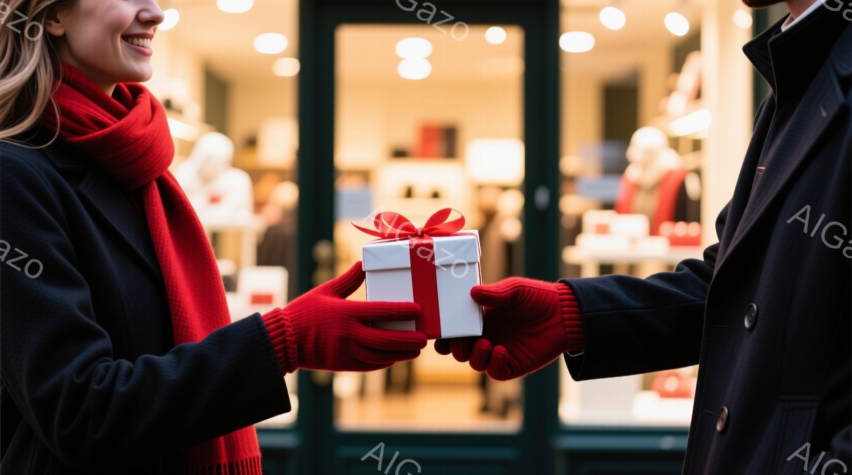 明るい赤色の手袋をはめた女性が、ラッピングされた白いギフトボックスを別の人物に渡そうとしています。女性は明るい笑顔を見せ、赤いスカーフを首に巻いて黒いコートを着ています。背景には、ショーウィンドウが見える店があり、暖かく、お祝いムードの漂う冬の日の様子が伺えます。