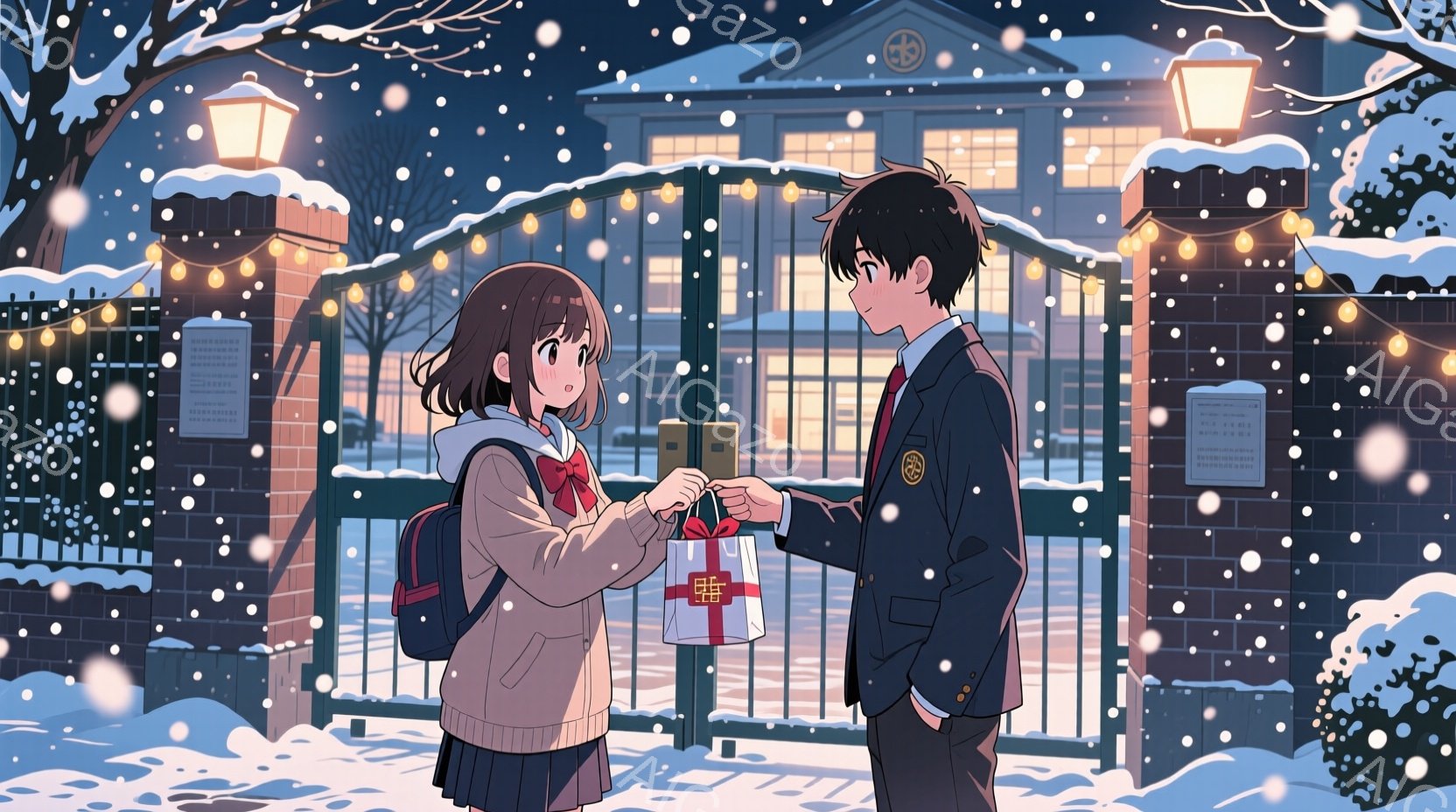 雪が降る夜、高校生と思われる男女が描かれています。女の子はベージュ色のコートに赤いリボン、チェックのスカートを着て、プレゼントの包まれた箱を男の子に渡そうとしています。男の子は制服姿で、少し照れたように顔を下げながら受け取ろうとしており、背景にはイルミネーションで飾られた校門と校舎が見え、ロマンチックな雰囲気を醸し出しています。
