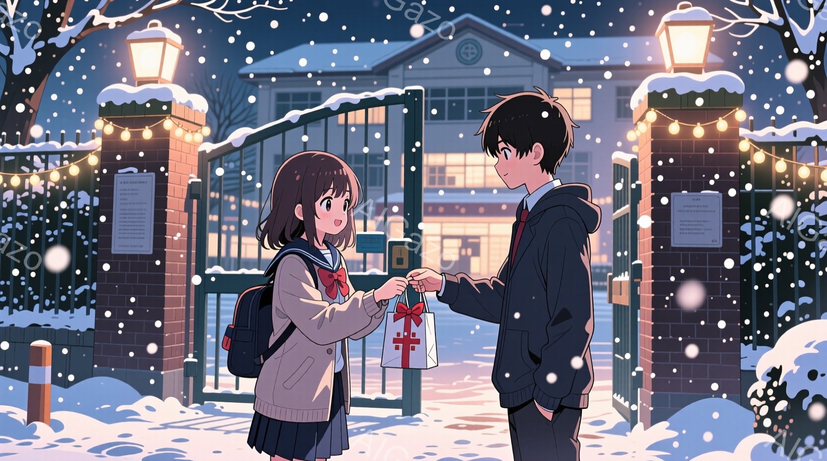 雪が降る夜、制服を着た女子高生が、プレゼントを手渡そうと男の子に手を伸ばしています。女子高生は淡いピンクのセーターを着て、茶色の髪を肩まで伸ばし、笑顔を見せています。背景には、ライトアップされた学校の建物が見え、冬の静かで温かい雰囲気が漂っています。