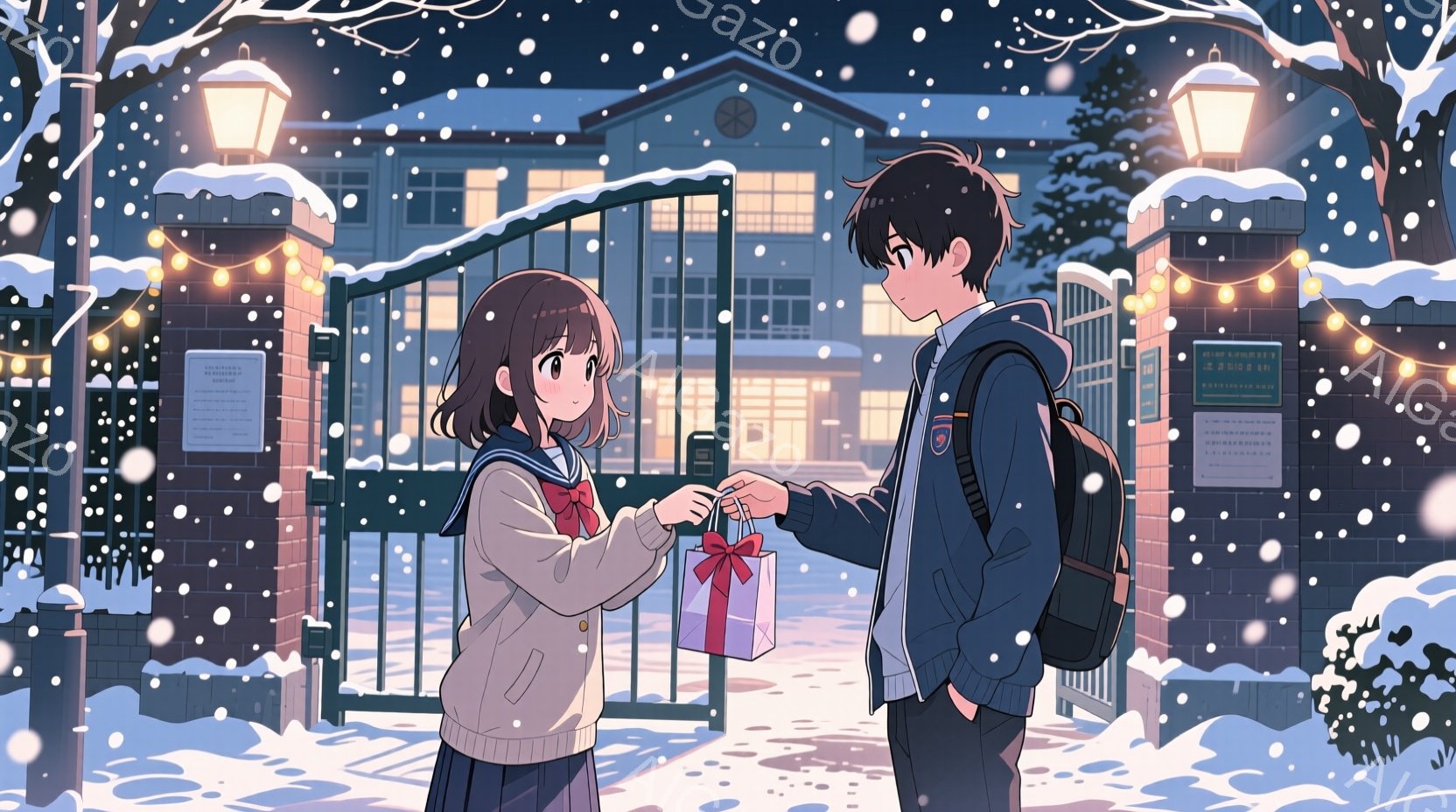 雪が降る夜、制服を着た女子高生と男子高校生が門の前でプレゼントを交換している場面です。女子高生は茶色のショートヘアで、赤いリボンとセーターを着用し、笑顔でプレゼントを差し出しています。男子高校生は黒髪で、紺色の制服にリュックサックを背負い、少し照れくさそうにプレゼントを受け取っています。
