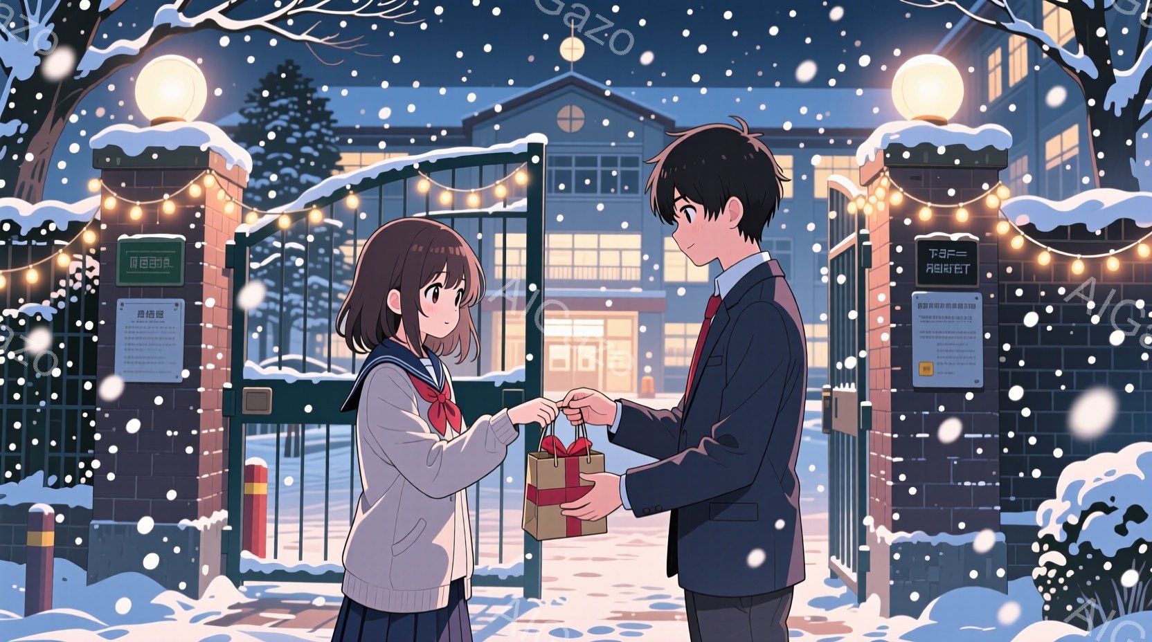 雪が降る学校の門の前で、女子生徒と男子生徒が向き合っています。女子生徒は長い茶色の髪で、冬の制服に赤いリボンをつけています。男子生徒は黒いコートを着ており、女子生徒に小さなプレゼントの箱を手渡そうとしています。
