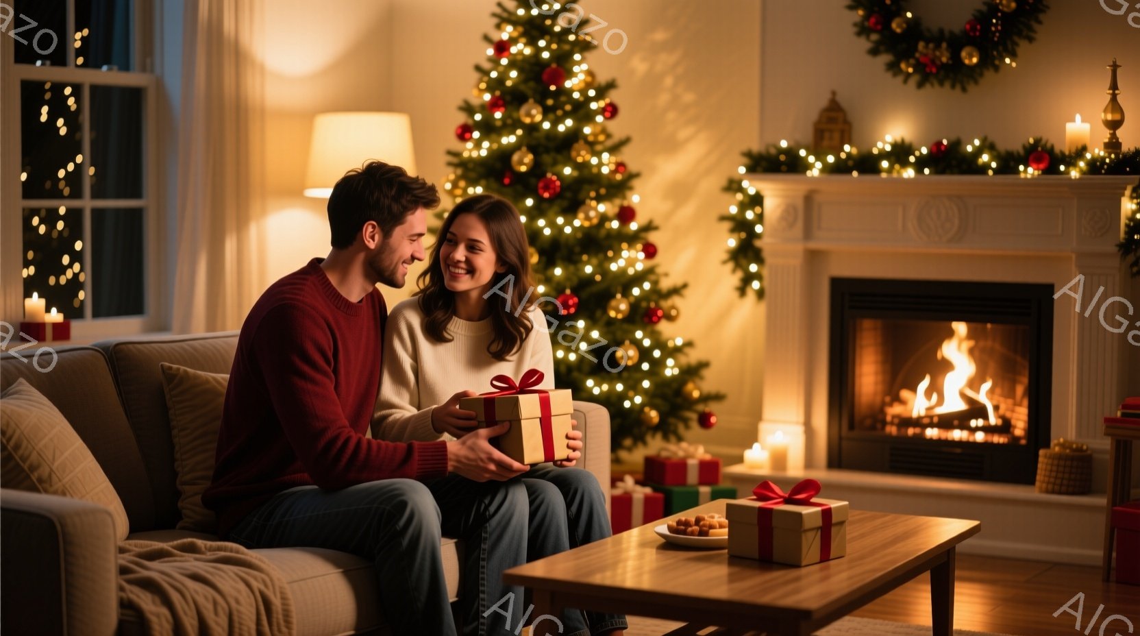 暖炉の前で、若いカップルがプレゼントを交換し合っています。男性は赤いセーターを着ており、女性は白いニットを着て、髪を後ろに流しています。背景にはクリスマスツリーが飾られ、部屋全体が温かく、幸せな雰囲気 - AI生成フリー素材