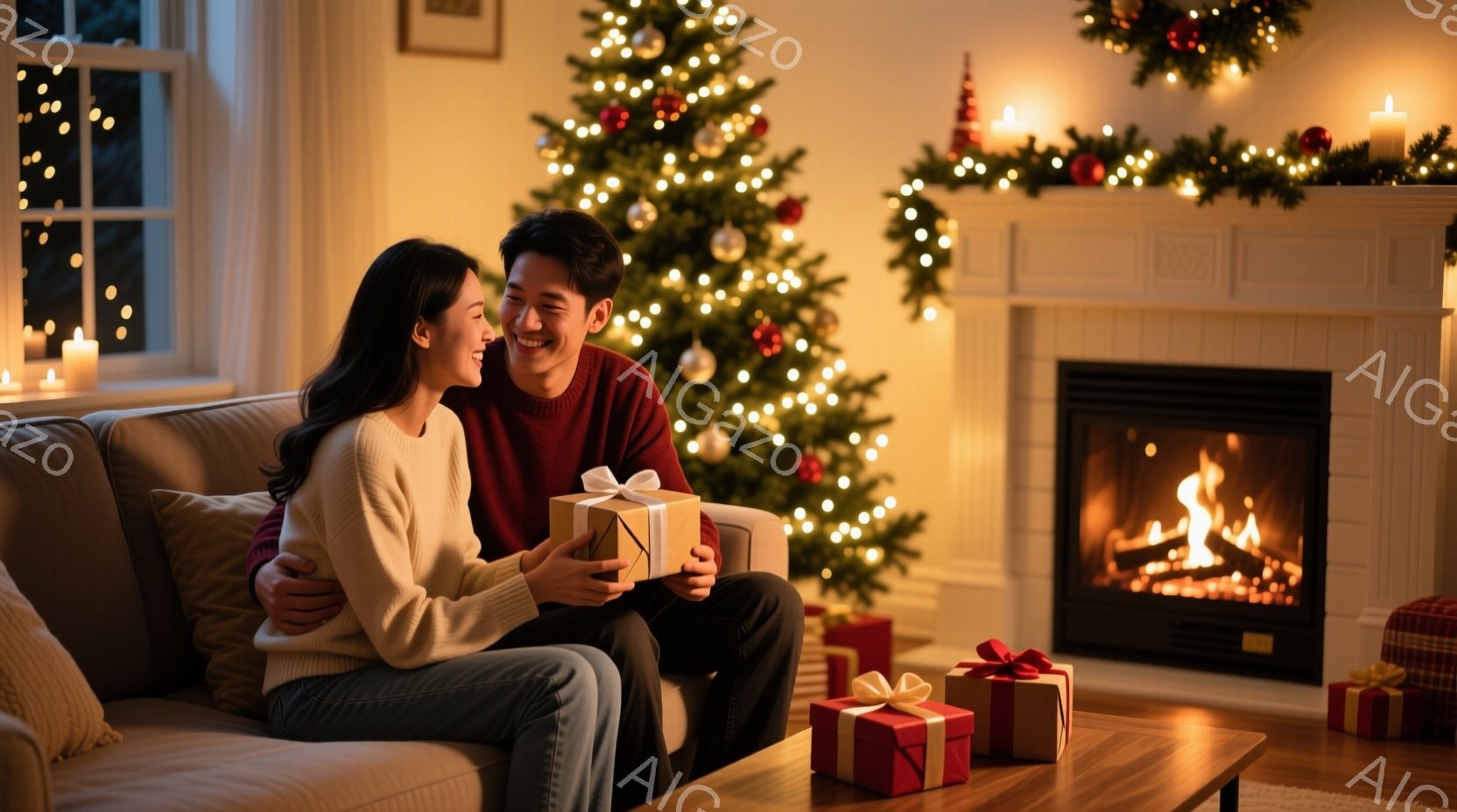 暖炉の前で、若い男女が寄り添って座っており、女性はグレーのセーター、男性は赤いセーターを着ています。男性は女性にプレゼントを手渡し、二人は微笑み合っており、温かく幸せな雰囲気が漂っています。背景には、 - AI生成フリー素材