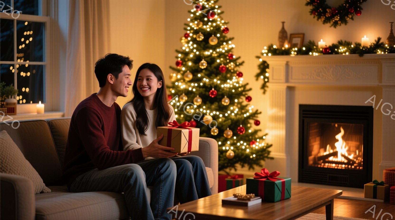 暖炉とクリスマスツリーが飾られたリビングで、若い男女がソファに座り、プレゼントを交換し合っています。男性は赤いセーターとジーンズを着ており、女性は白いセーターを着て、微笑んでいます。室内は暖かく、温か - AI生成フリー素材