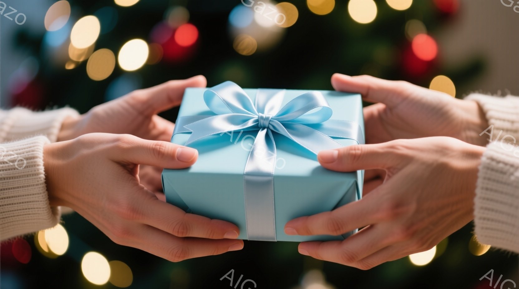 明るい水色のギフトボックスが、ニットの袖を持つ二人の手の間に抱かれている。背景はぼやけたクリスマスツリーの光で、温かくお祝いの雰囲気を醸し出している。贈り物は、愛情と感謝の気持ちを込めて渡される瞬間を - AI生成フリー素材
