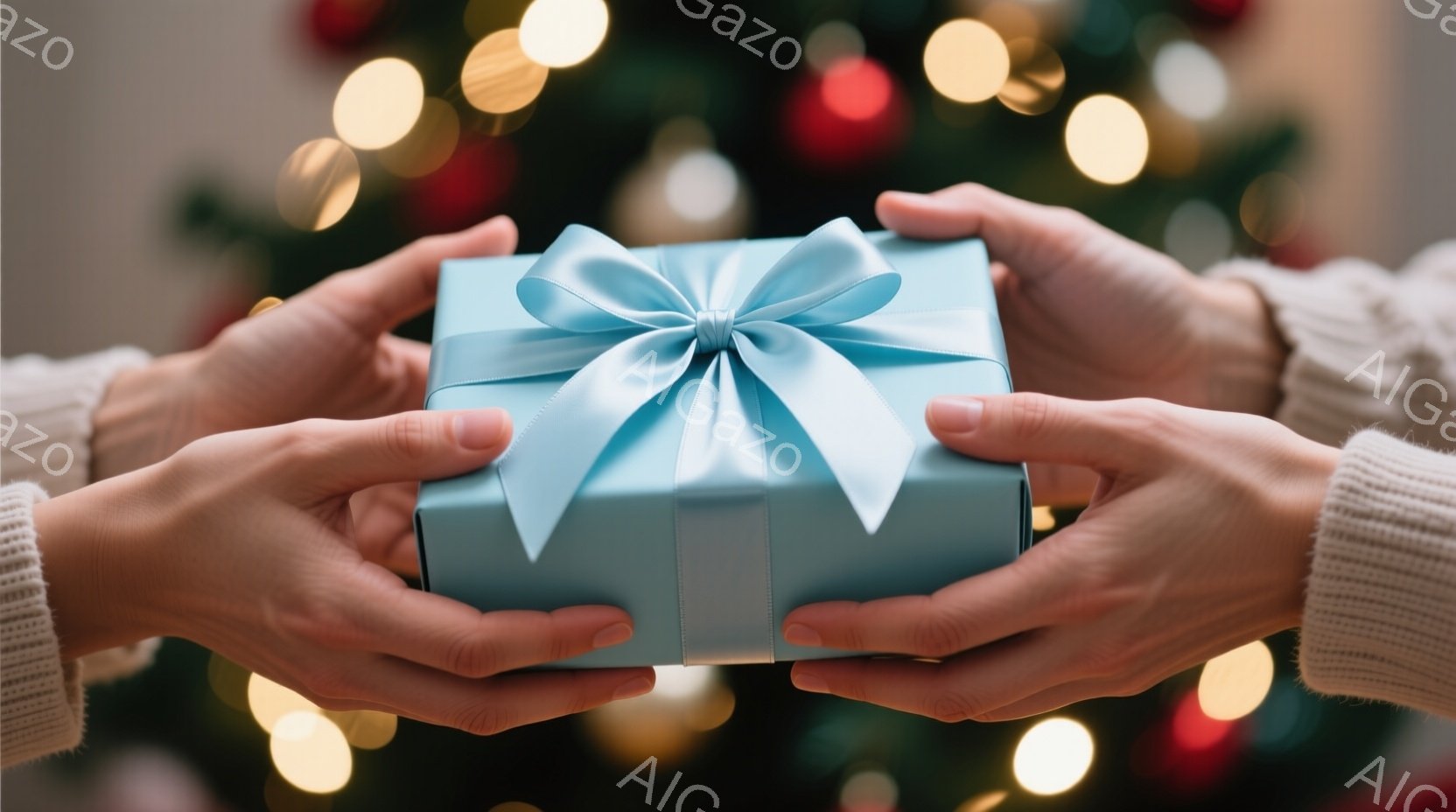 柔らかいセーターを着た人が、水色のリボンで飾られた四角いギフトボックスを両手で差し出している様子が写っている。背景にはぼやけたクリスマスツリーのライトが見え、温かくお祝いムードに満ちている。ギフトボッ - AI生成フリー素材