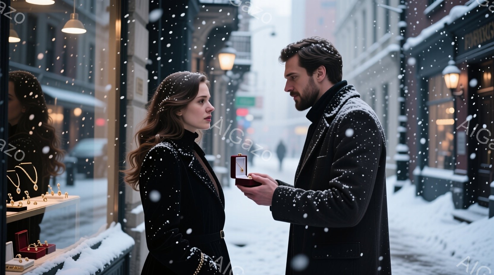 雪が降る街並みで、女性は黒いコートを着て、ゆるやかにカールした長い髪をなびかせ、窓に展示された宝石を見つめている。男性は彼女の前に立ち、片膝をつき、赤いベルベットの箱に入った指輪を差し出している。背景には石造りの建物が並び、冬の静かでロマンチックな雰囲気が漂っている。