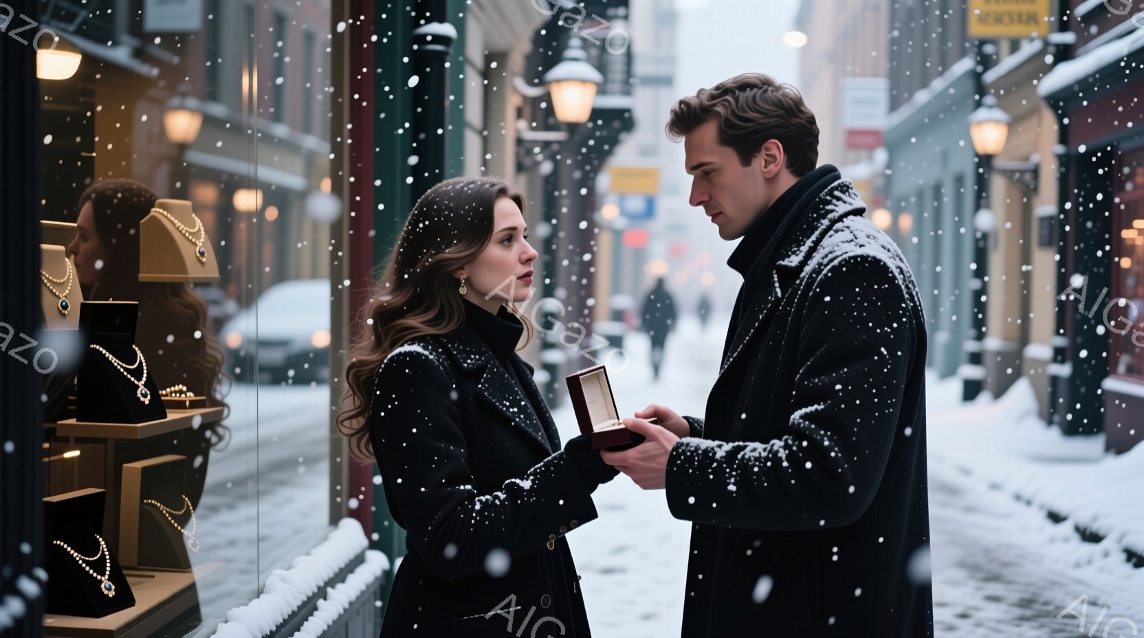 街のジュエリー店の前で、一対の男女が雪の中で向かい合っている。女性は黒いコートを着て、長い髪を後ろに流し、少し驚いた表情で男性を見つめている。男性は黒いコートを着て、片膝をつき、小さな箱を開けて女性にプロポーズしている様子で、雪が降り積もる冬のロマンチックな雰囲気を感じさせる。