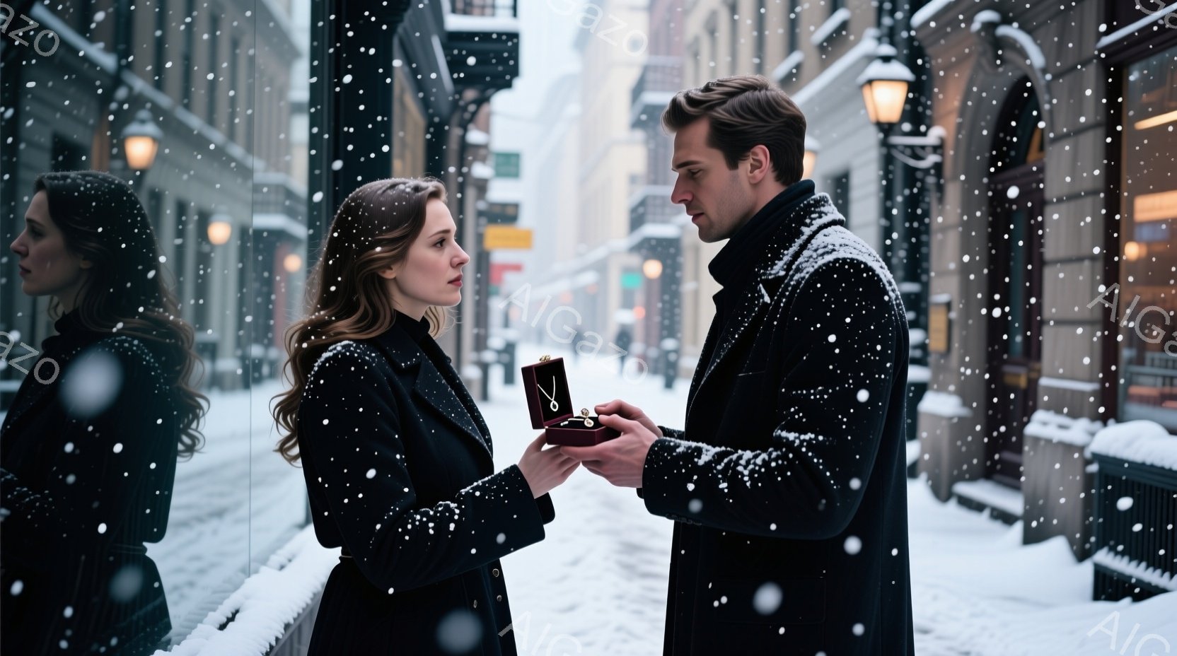 雪が降る街並みで、一人の男性が女性に跪き、小さな宝石箱を差し出している。女性は黒いコートを着ており、横を向いて少し緊張した表情を浮かべている。背景には、雪に覆われた建物と街灯が見え、冬のロマンチックで少し切ない雰囲気が漂っている。