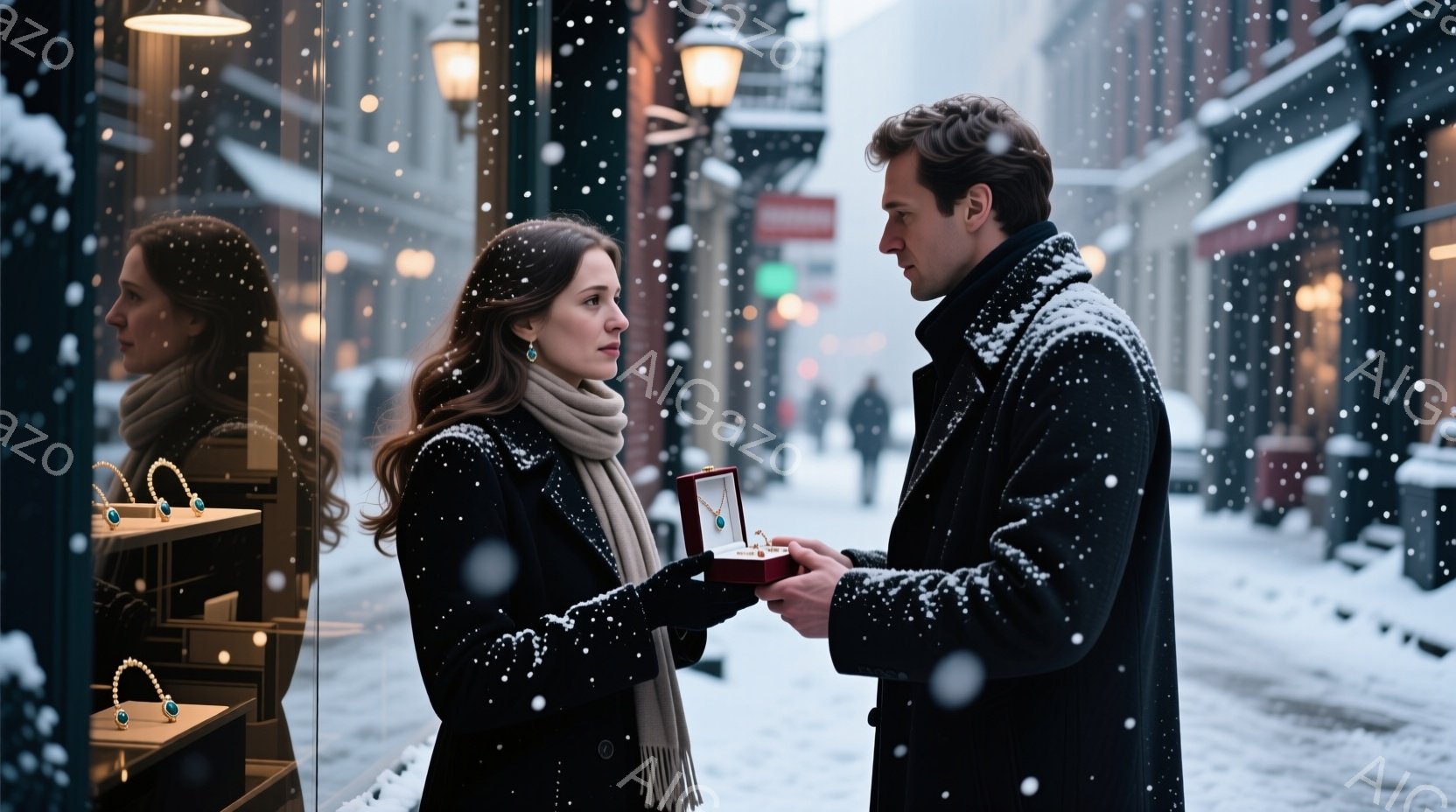 雪が降る街並みで、女性は黒いコートを着て、巻き毛の髪を肩にかけ、ショーウィンドウを見つめています。男性は彼女に向かってひざまずき、赤い箱を開けて指輪を差し出しており、プロポーズの瞬間を捉えています。背景にはレンガ造りの建物が立ち並び、冬の暖かな光が降り注ぎ、ロマンチックな雰囲気を醸し出しています。