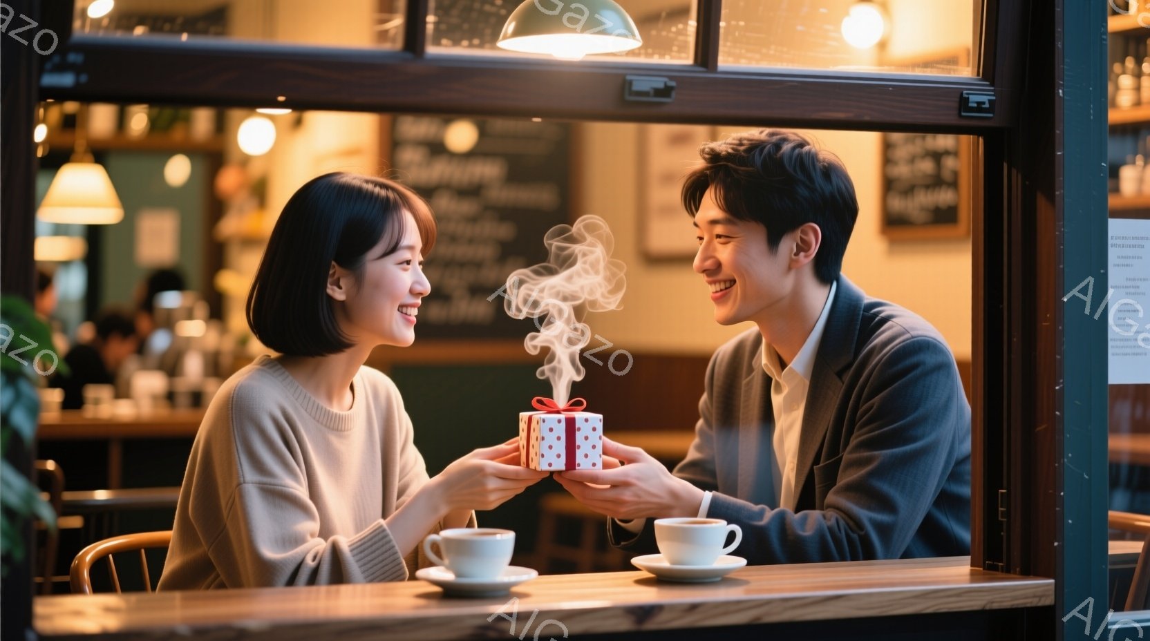 若い女性と男性がカフェで向かい合って座っており、男性は赤いリボンで結ばれた小さなプレゼントを女性に渡そうとしています。女性は笑顔でプレゼントを受け取ろうとしており、両者とも暖かく、幸せそうな表情をして - AI生成フリー素材