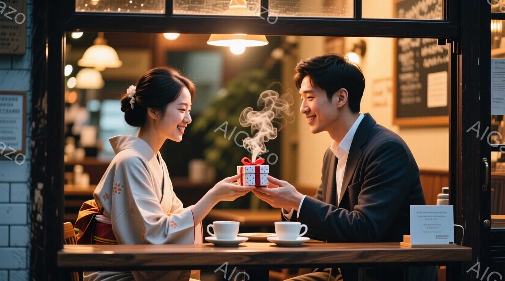 若い女性は、ピンクと黄色の花柄の着物を着ており、髪を後ろでまとめ、笑顔を浮かべています。男性はダークスーツ姿で、女性に向かってプレゼントの箱を差し出し、同じく微笑んでいます。カフェの店内らしく、テーブ - AI生成フリー素材