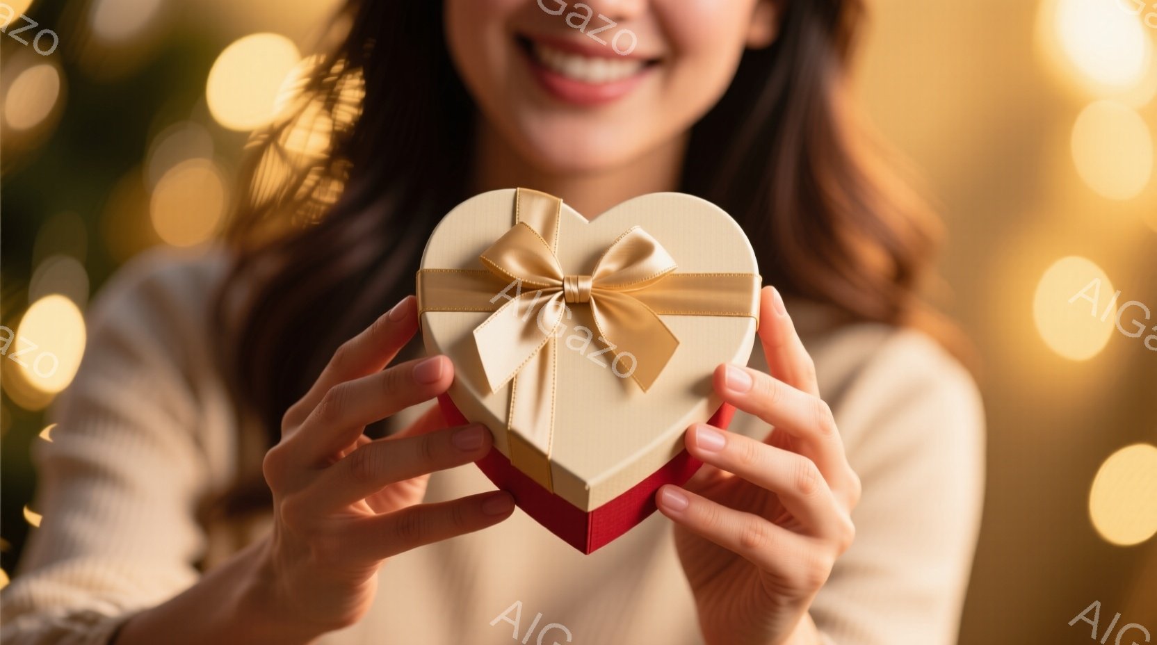 長い茶色の髪の女性が、両手でハート型のギフトボックスを正面に向けて持っています。彼女は明るい笑顔を見せており、オフホワイト色のセーターを着ています。背景はぼやけた黄金色の光で、お祝いやロマンチックな雰 - AI生成フリー素材