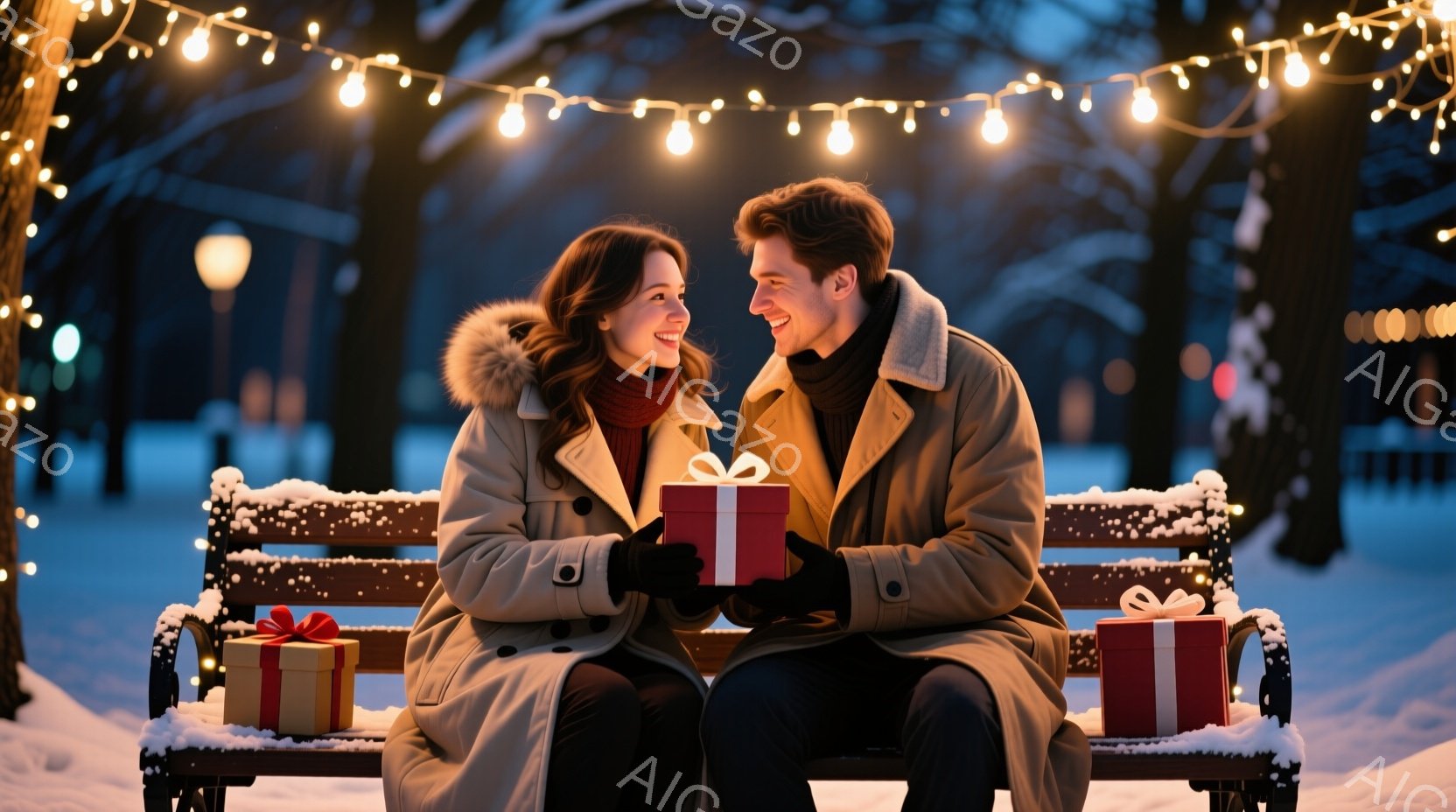雪が降る公園のベンチに、若い男女が座り、プレゼントを交換している様子が描かれています。女性はファー付きのロングコートに赤いマフラーを巻き、笑顔でプレゼントを受け取っています。男性は黒いセーターを着て、 - AI生成フリー素材