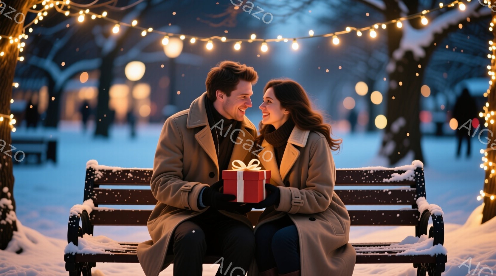 雪が降る公園のベンチに、若い男女が寄り添って座っている。男性はダークカラーのコートを着用し、女性は明るい色のコートを着ており、お互いを見つめ合い微笑んでいる。背景には薄暗い建物が見え、ベンチや木々は雪 - AI生成フリー素材