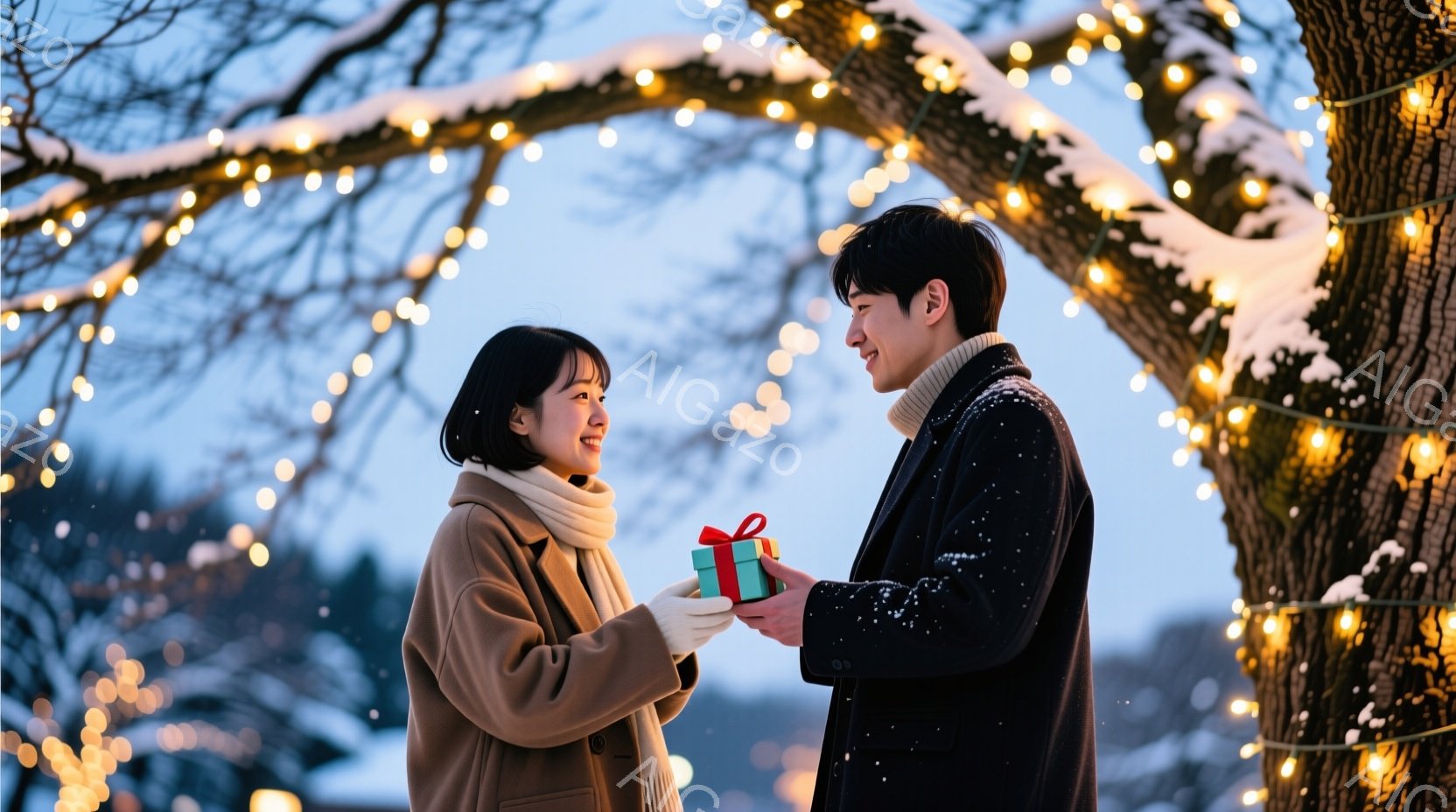 雪が降る中でプレゼントを交換する男女が写っています。女性はベージュ色のコートに白いマフラーを巻き、笑顔でプレゼントを受け取ろうとしています。男性は黒いジャケットに白いシャツを着ており、女性に緑色のリボ - AI生成フリー素材