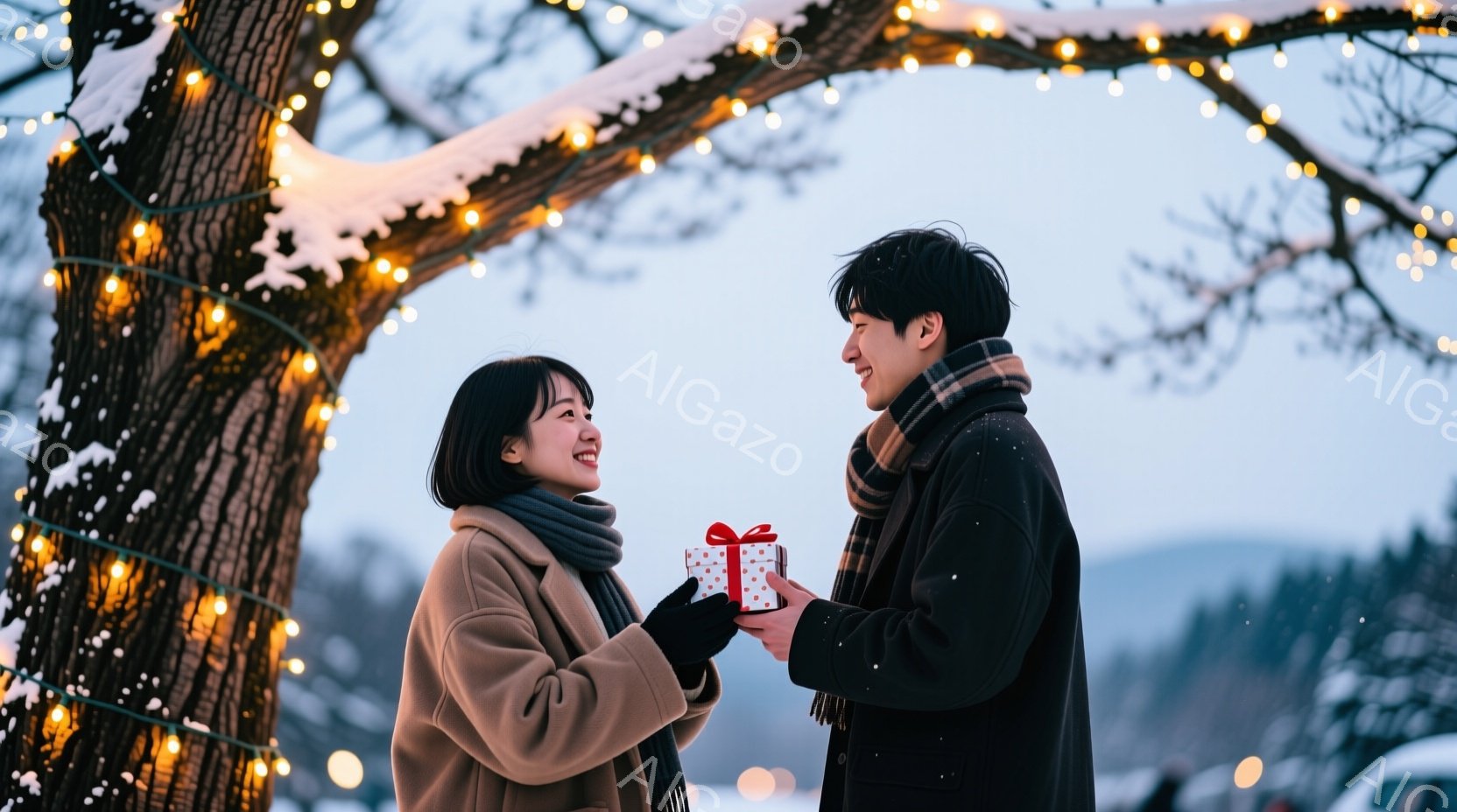 雪が降る中でプレゼントを交換する若い男女が写っています。女性はベージュ色のコートに黒いマフラーを巻き、短めの黒髪で微笑んでいます。男性は黒いコートにチェックのマフラーを巻き、女性に向かってプレゼントの赤い箱を差し出しており、二人とも幸せそうな表情をしています。
