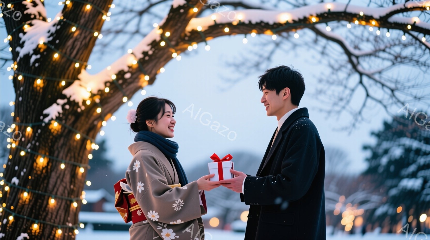雪が降る中、和装の女性が男性から赤いリボンで結ばれたプレゼントを受け取ろうとしている場面です。女性は花柄の着物を着て髪を後ろでまとめ、笑顔でプレゼントを見つめています。背景には、イルミネーションで飾ら - AI生成フリー素材