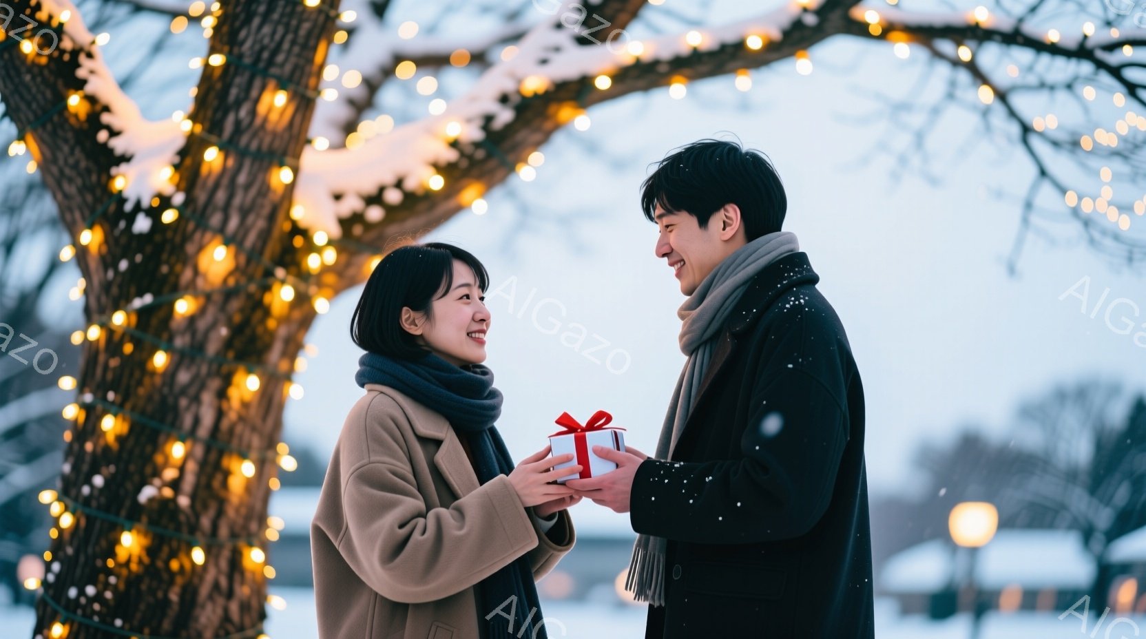 雪が舞う中で、若い女性と男性がプレゼントを交換し合っています。女性はベージュ色のコートにマフラーを巻き、笑顔でプレゼントを受け取ろうとしています。男性は黒いコートを着て、優しい笑顔でプレゼントを差し出 - AI生成フリー素材