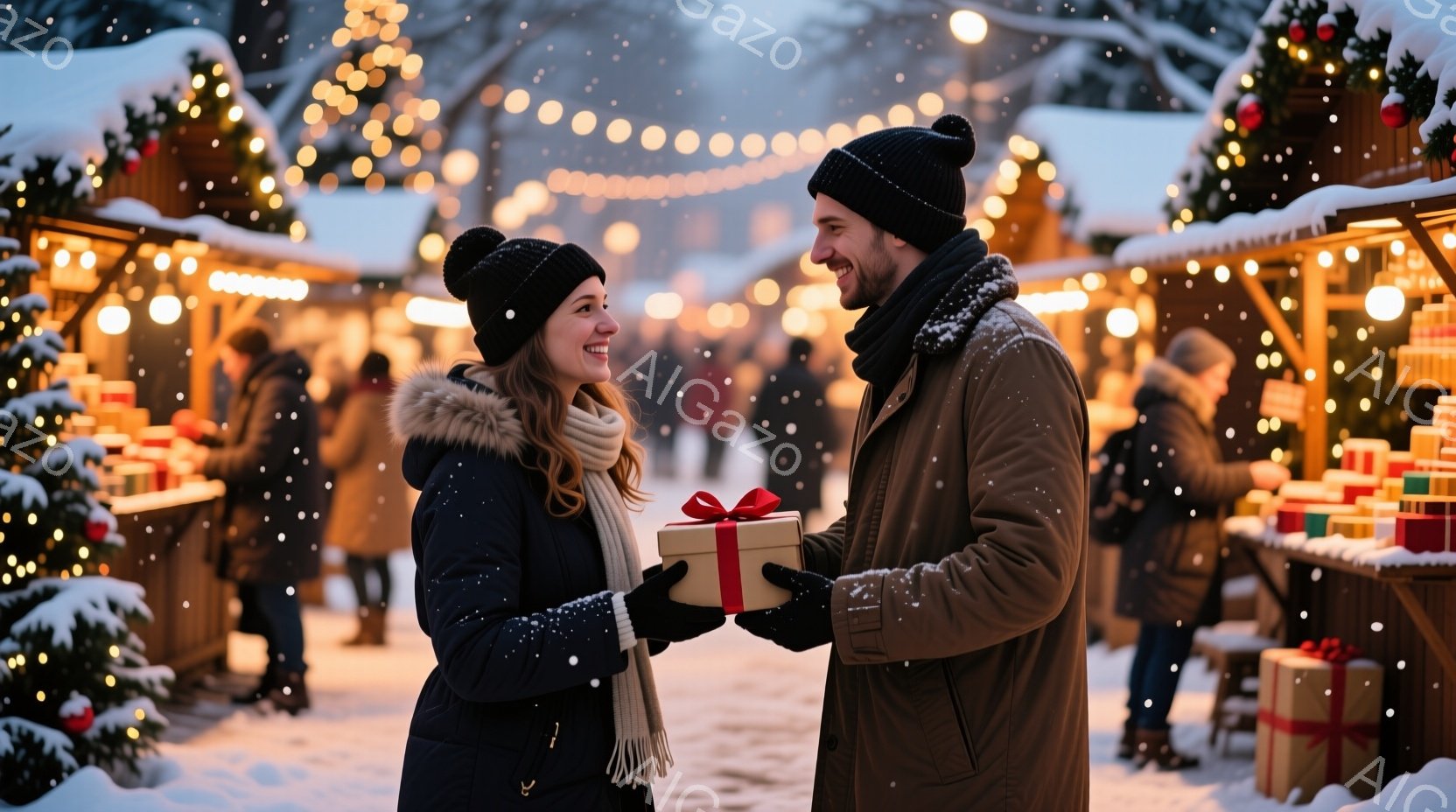 雪が舞うクリスマスのマーケットで、若い女性が男性からプレゼントを受け取っています。女性は黒の冬用コートにファー付きのフード、黒いニット帽を被り、笑顔でプレゼントを見つめています。背景には、キラキラと光 - AI生成フリー素材