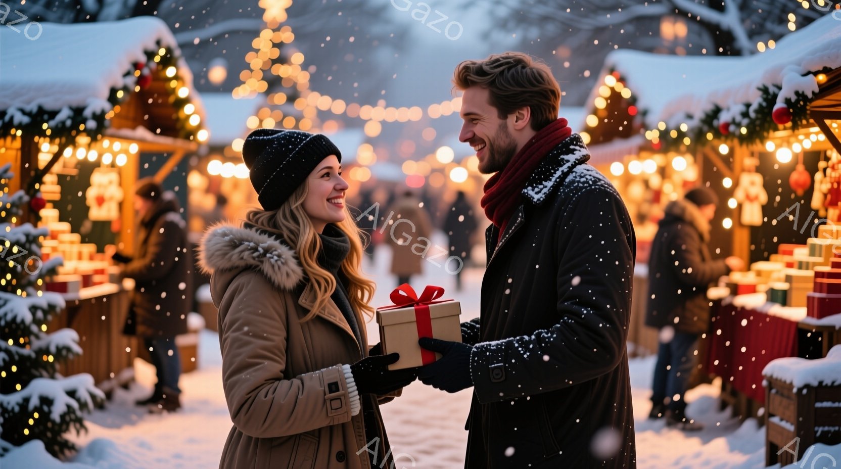 吹雪の中、若い男女がプレゼントを交換し合っている。女性は黒いニット帽を被り、毛皮の襟付きの茶色のジャケットを着て、微笑んでいる。男性は黒いコートと赤いマフラーを巻き、女性に赤いリボンが付いたギフトボックスを手渡している背景にはクリスマスマーケットの賑わいと、光り輝く装飾が施された屋台が並び、冬の暖かくロマンチックな雰囲気が漂っている。