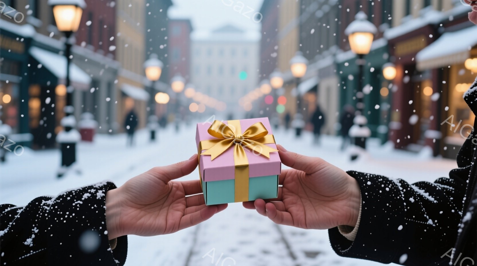 雪が降る街並みを背景に、プレゼントが手前に差し出されている。プレゼントはピンクと水色の箱で、金色のリボンが結ばれている。背景には石畳の道、両脇の建物、そして遠くに見える街並みがぼんやりと描かれ、冬の穏 - AI生成フリー素材
