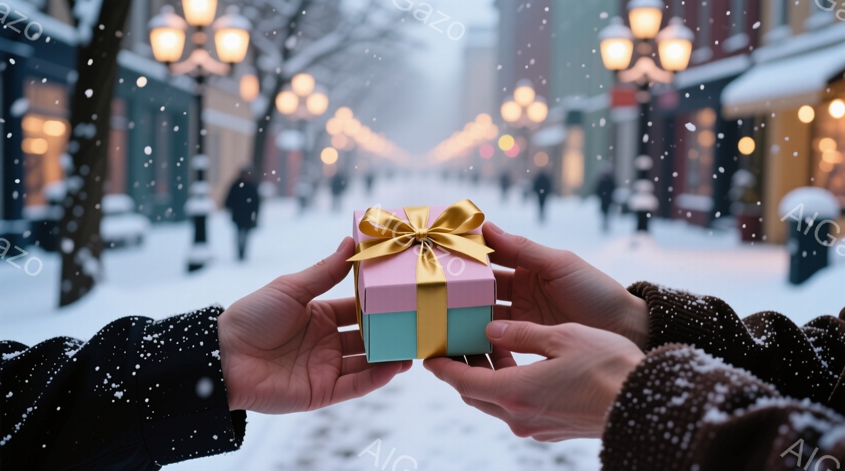 雪が舞う冬の街並みを背景に、両手が小さなギフトボックスを差し出している様子が写っている。ギフトボックスはピンクとターコイズブルーのストライプで、金色のリボンが結ばれている。背景にはぼやけた人影や街灯が - AI生成フリー素材