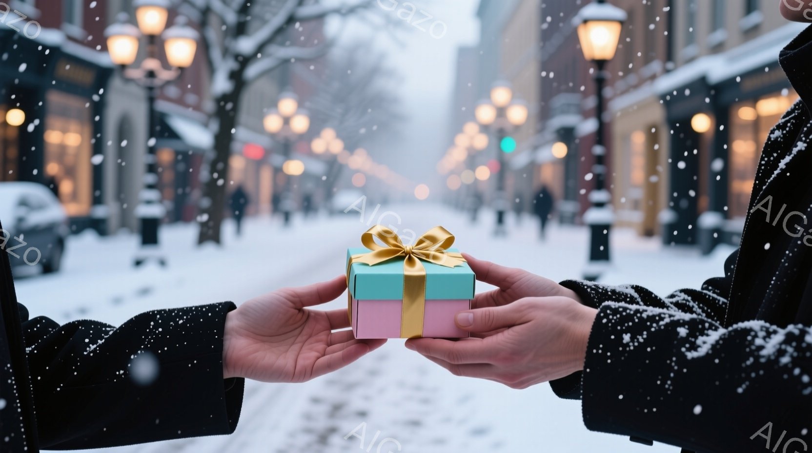 雪が舞う街並みの中で、二人の手が互いに向かい合い、小さなギフトボックスを交換しようとしている様子が捉えられています。ギフトボックスは水色とピンクの色合いで、金色のリボンが結ばれており、手の込んだ包装が目を引きます。背景には雪に覆われた建物と街灯が並び、冬の暖かく優しい雰囲気を醸し出しています。