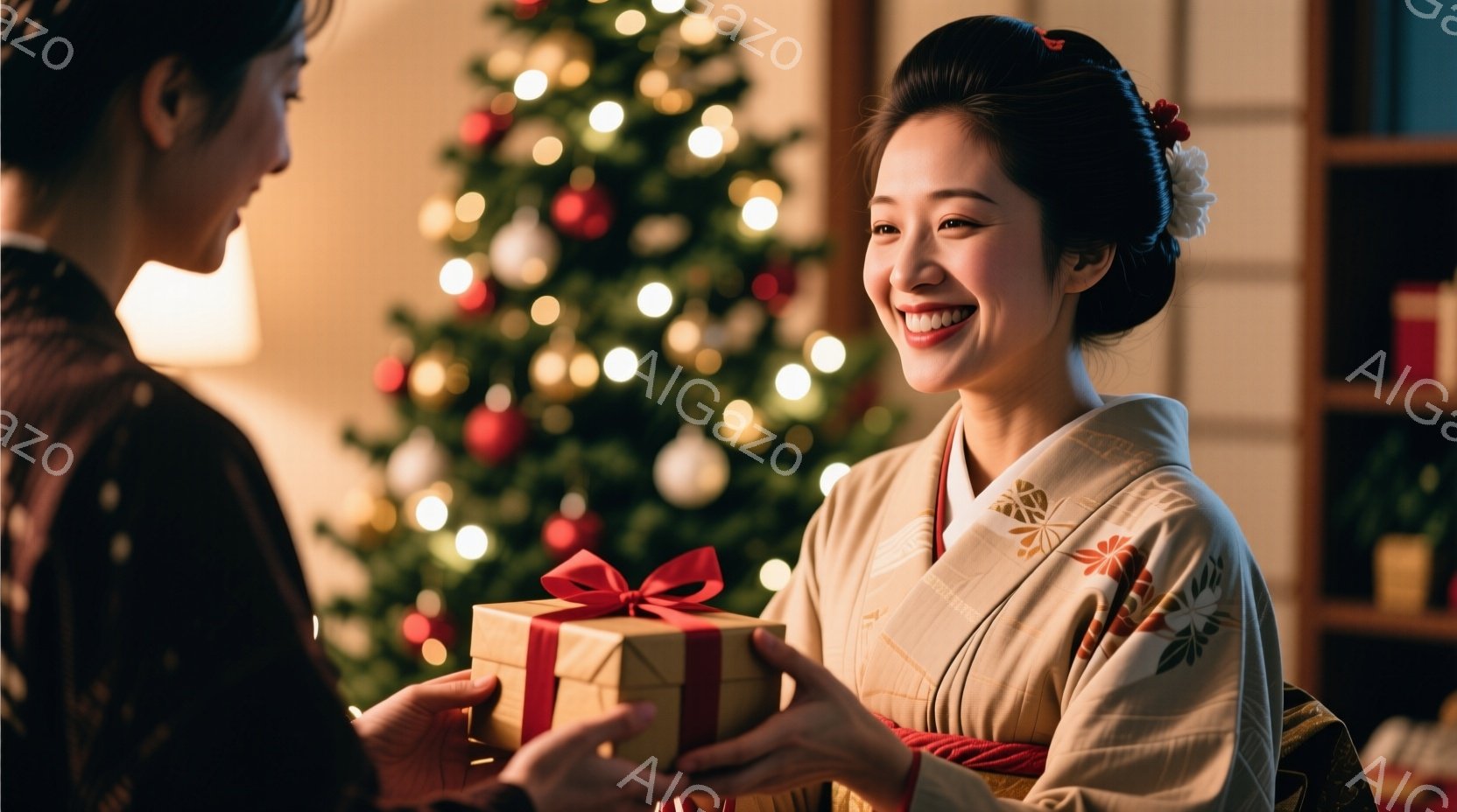 女性はクリーム色の着物を着ており、袖には美しい模様が描かれています。彼女は笑顔でプレゼントを差し出しており、髪は丁寧にまとめられ、髪飾りをつけています。背景にはクリスマスツリーが飾られており、暖かく、お祝いムードに満ちた雰囲気です。