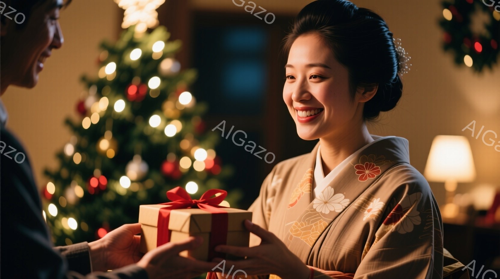 女性は明るい笑顔で贈り物を受け取ろうとしており、伝統的な柄の着物を着ています。髪は後ろでまとめられ、上品な雰囲気です。背景にはクリスマスツリーの明かりが輝き、温かく幸せな雰囲気を醸し出しています。 - AI生成フリー素材