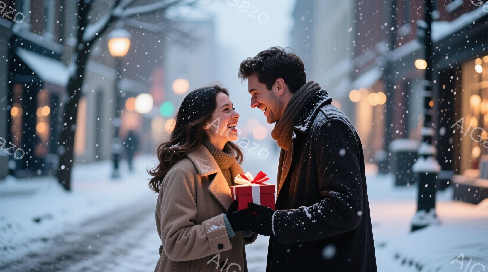 雪が降る街中で、女性は茶色のコートに長いウェーブヘアで微笑んでいます。男性は黒いコートを着て、赤いリボンで包まれた小さなプレゼントを女性に差し出しており、両者とも幸せそうな表情を浮かべています。背景に - AI生成フリー素材