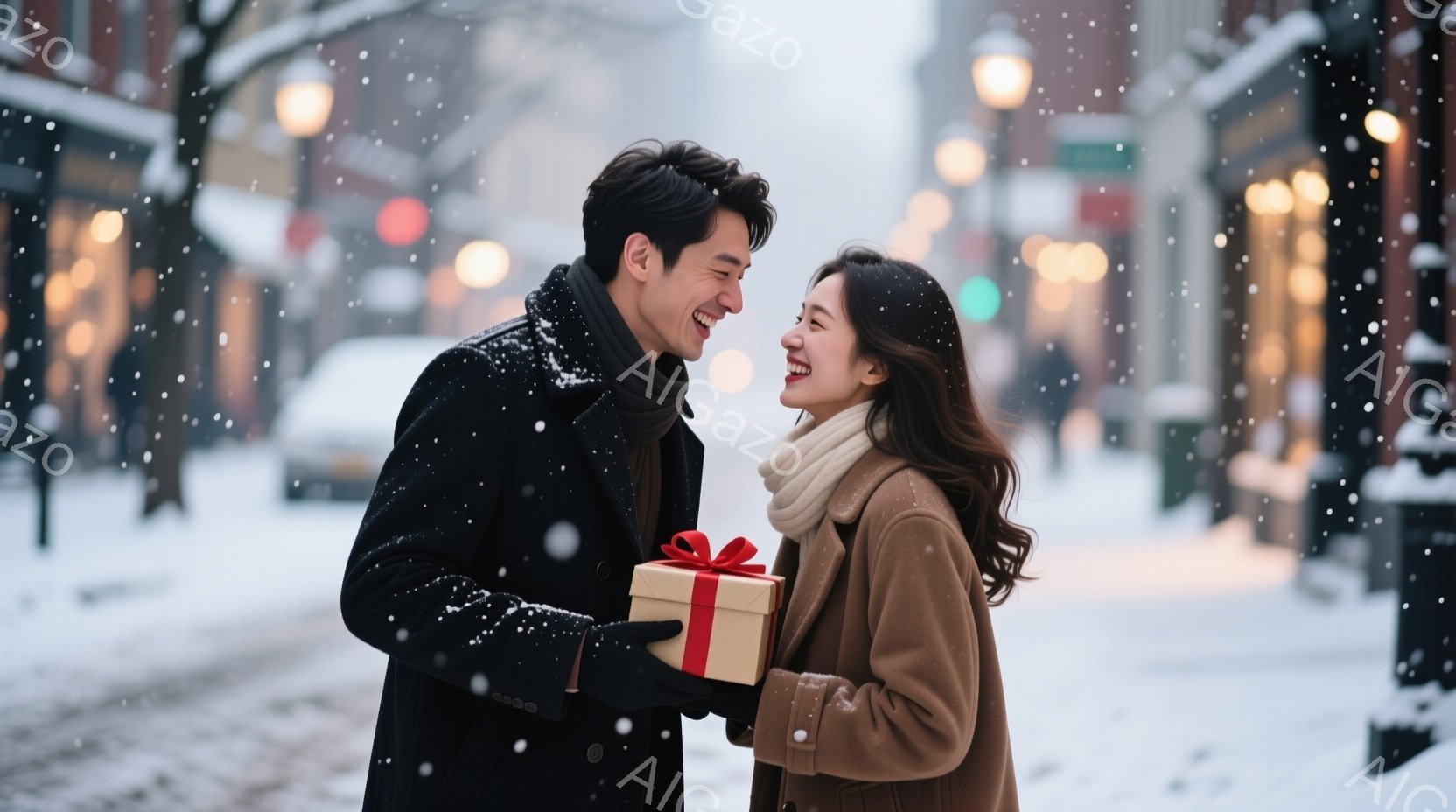 雪が降る街中で、若い男女が微笑み合いながらプレゼント交換をしている様子が描かれています。男性は黒いコートにマフラーを巻き、女性はキャメルのコートを着て、それぞれ暖かい装いです。背景にはぼやけた建物や街 - AI生成フリー素材