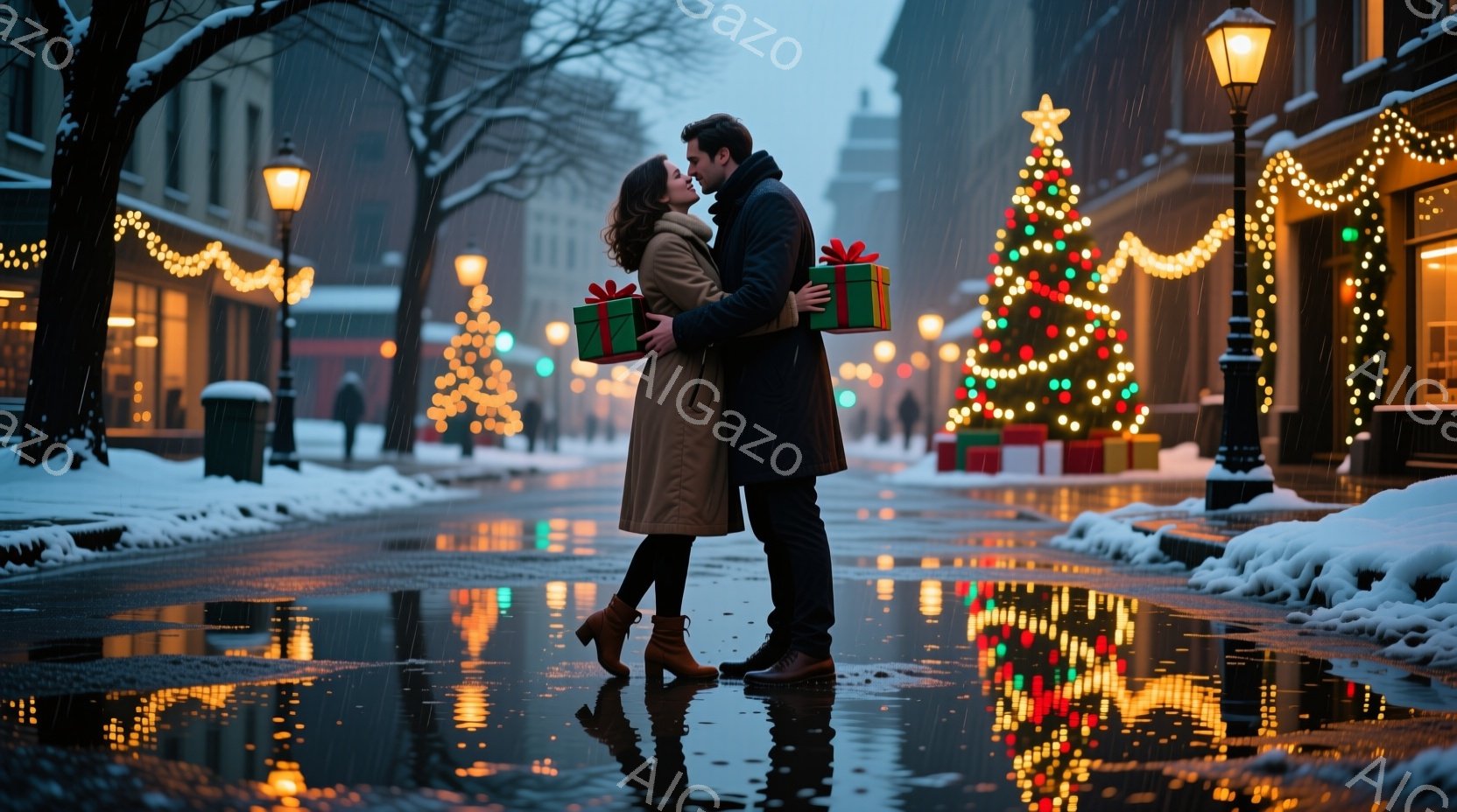 カップルは、クリスマスツリーが飾られた雪の降る街路で抱き合っています。女性は茶色のブーツとロングコートを着ており、男性はダークカラーのコートを着ています。背景には、キラキラと輝くイルミネーションと、雪 - AI生成フリー素材