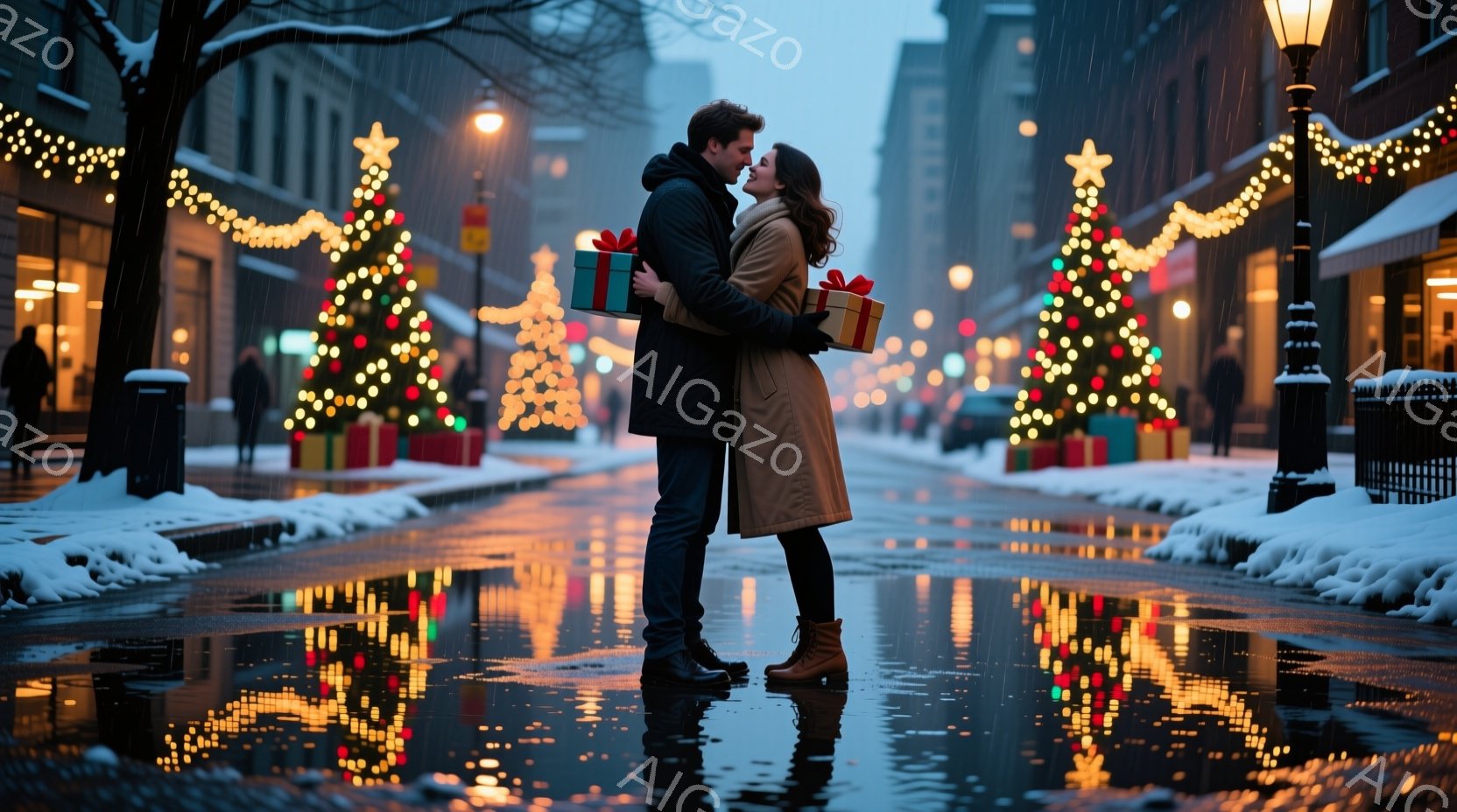 雪が降る街中で、若い男女が抱き合っている。女性はロングコートとブーツを履き、男性はダークカラーのコートを着ている。背景にはクリスマスツリーの飾り付けが施された街並みと、濡れた路面に反射する光が映り込み - AI生成フリー素材
