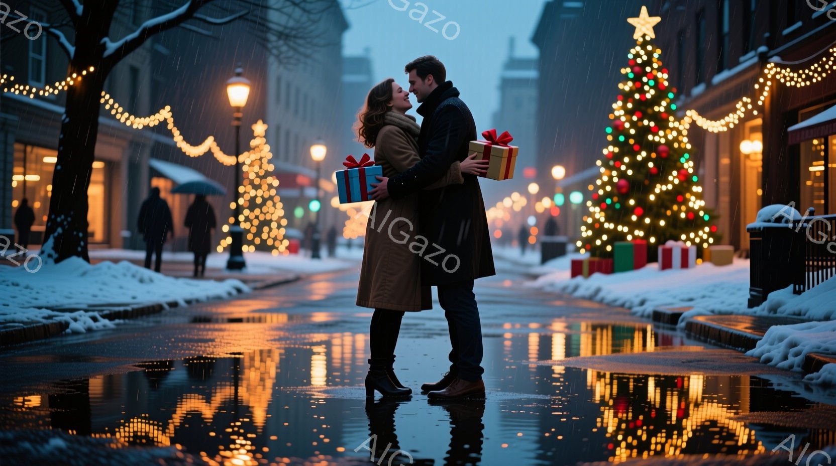 街路は雪に覆われ、雨が降りしきっています。若い男女が抱き合い、互いにプレゼントの箱を抱えています。背景にはクリスマスツリーが輝き、暖かい光が反射した濡れた路面がロマンチックな雰囲気を醸し出しています。 - AI生成フリー素材