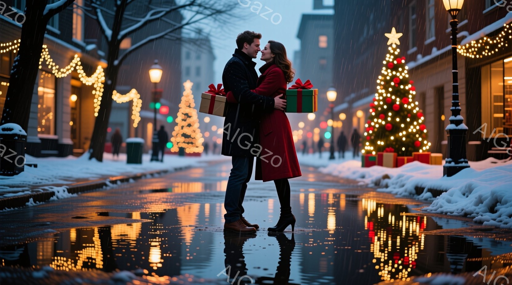 街路は雪に覆われ、雨が降りしきっている中、若いカップルが抱き合っている。女性は赤いドレスと黒いブーツを履き、男性はダークカラーのコートを着ている。背景にはクリスマスツリーやイルミネーションが輝き、温か - AI生成フリー素材