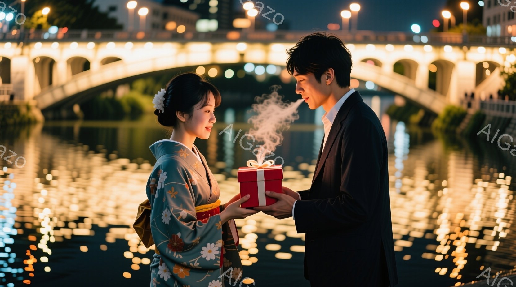 着物を着た女性とスーツを着た男性が、川沿いの夜景を背景にプレゼントを交換し合っています。女性は明るい緑色の着物で、髪には白い花飾りをつけています。男性は赤い箱から立ち上る煙を見つめ、女性は微笑みを浮か - AI生成フリー素材