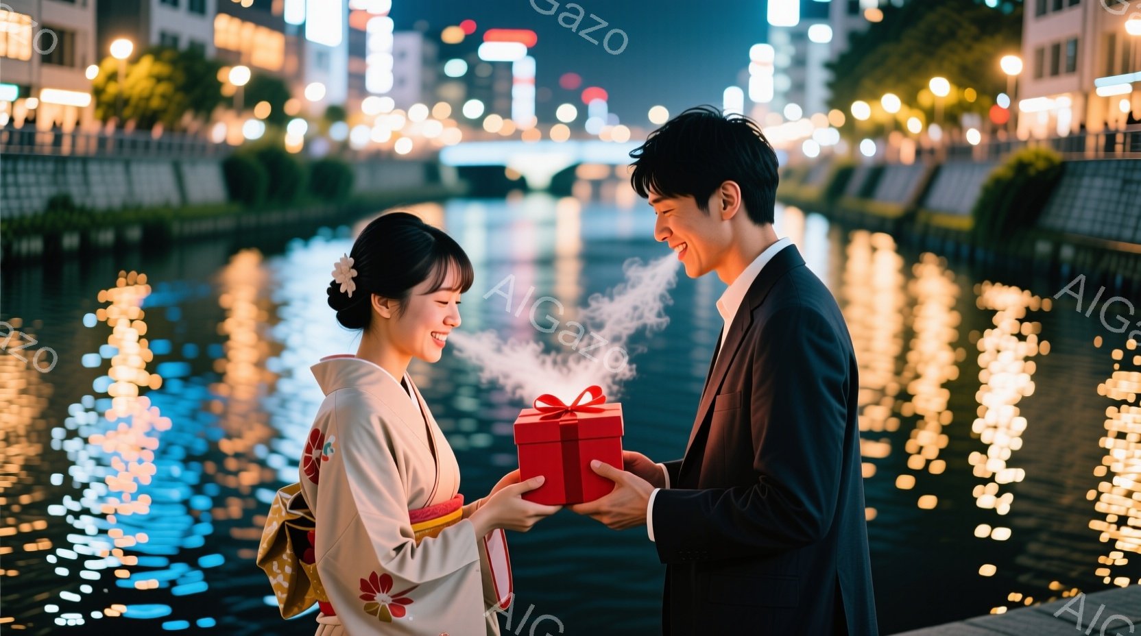 鮮やかな赤い着物を着た女性と、黒いスーツを着た男性が、夜の川沿いの遊歩道でプレゼントを交換している様子が描かれています。女性は笑顔でプレゼントを受け取り、男性は少し照れながらも嬉しそうにしています。背 - AI生成フリー素材